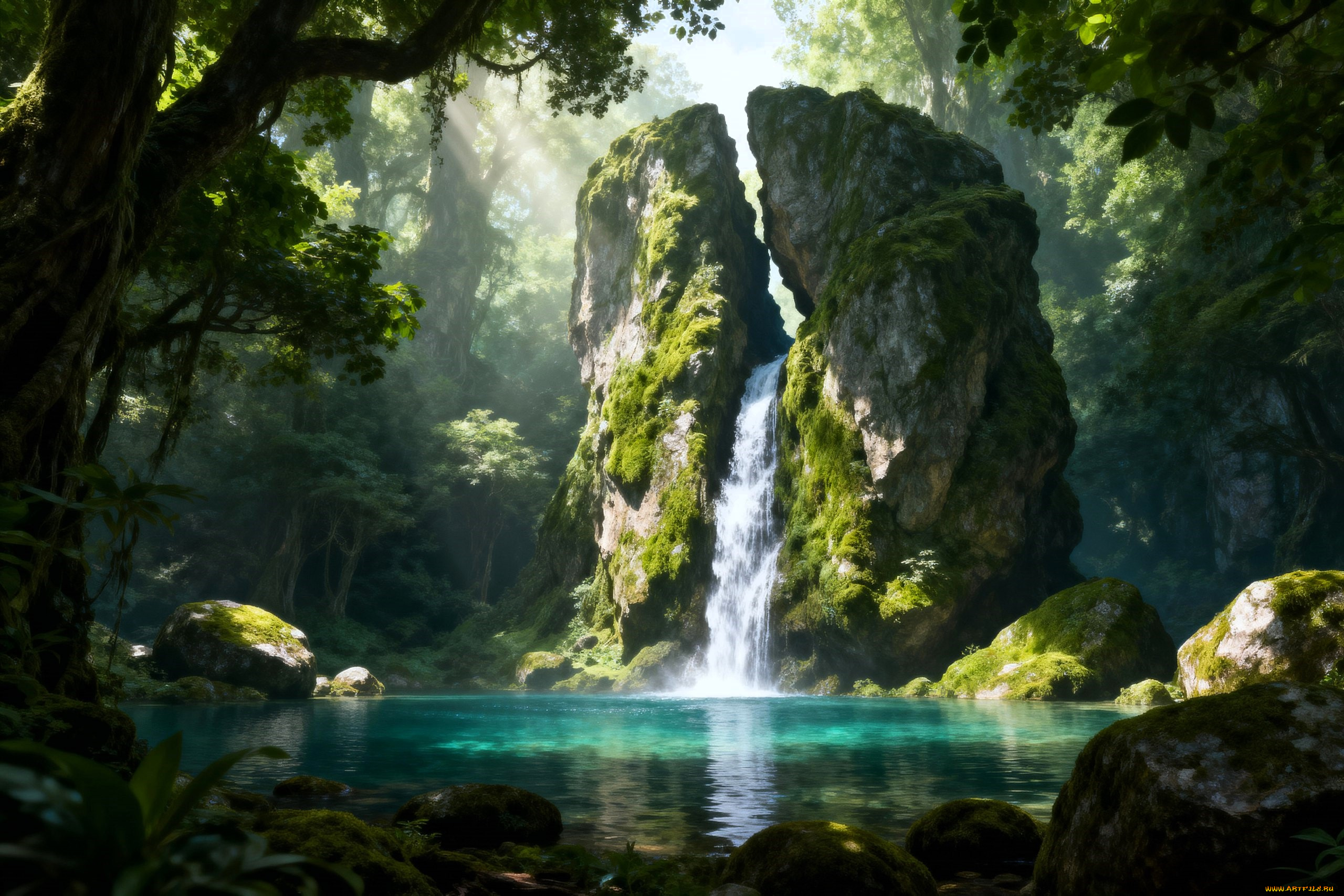 разное, компьютерный, дизайн, скала, водопад, лес, озеро