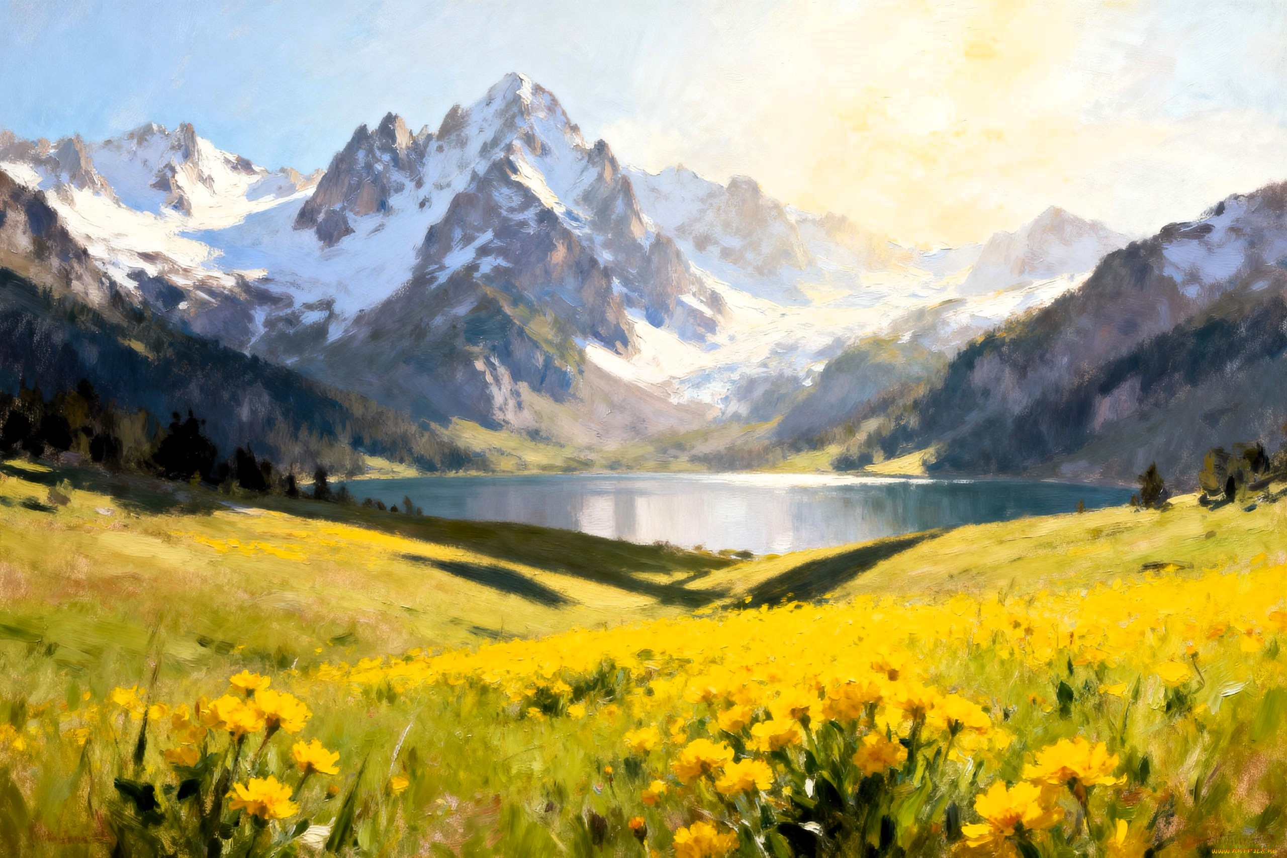 рисованное, природа, горы, снег, озеро, луга, цветы