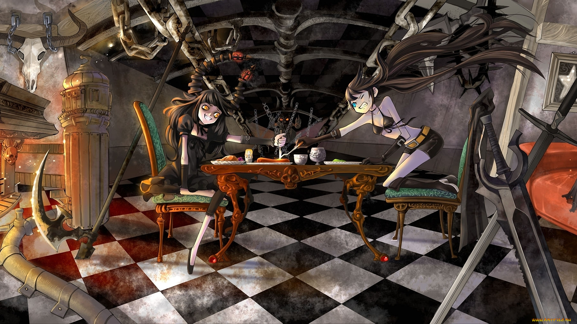 аниме, black, rock, shooter, kuroi, mato, камин, стол, dead, master, коса