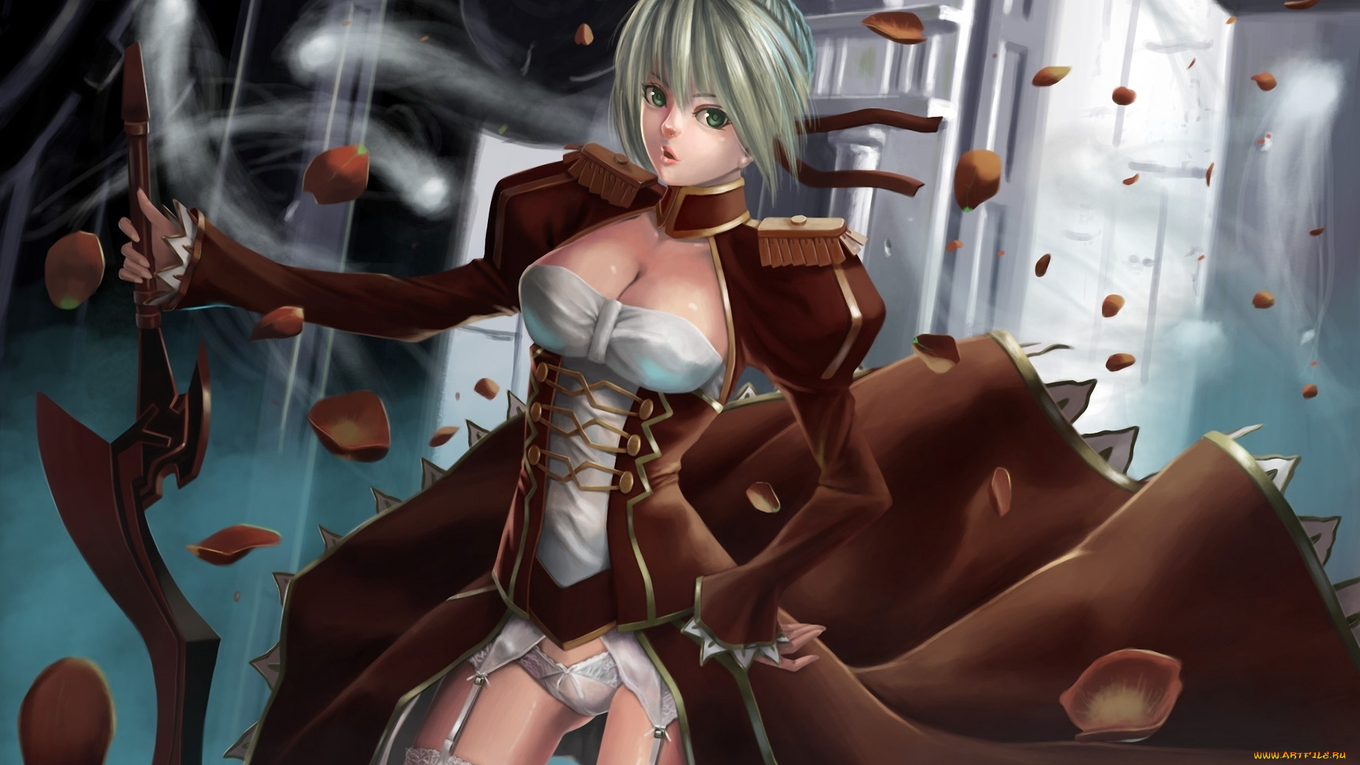 аниме, fate, stay, night, девушка, платье, saber, меч