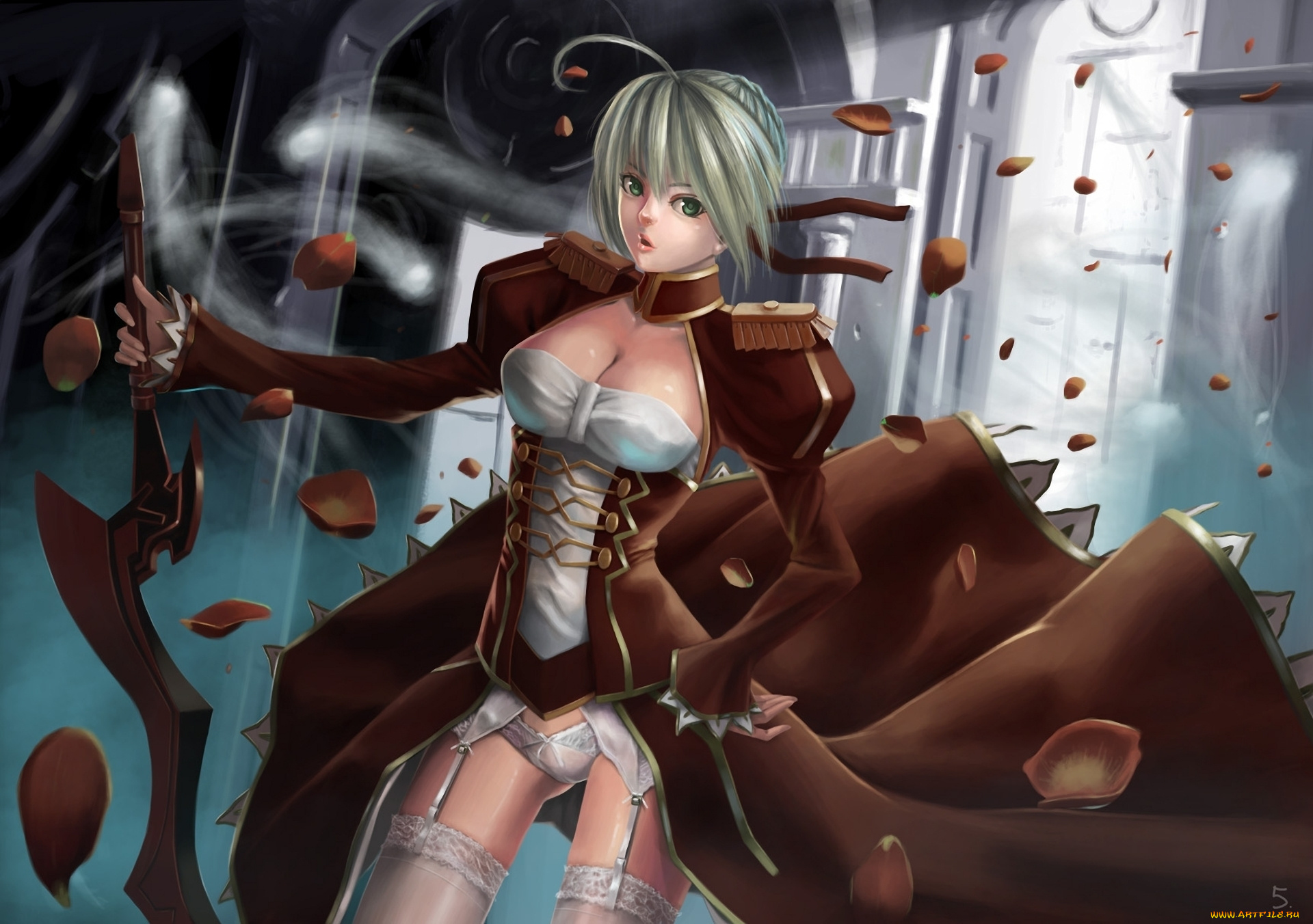 аниме, fate, stay, night, девушка, платье, saber, меч