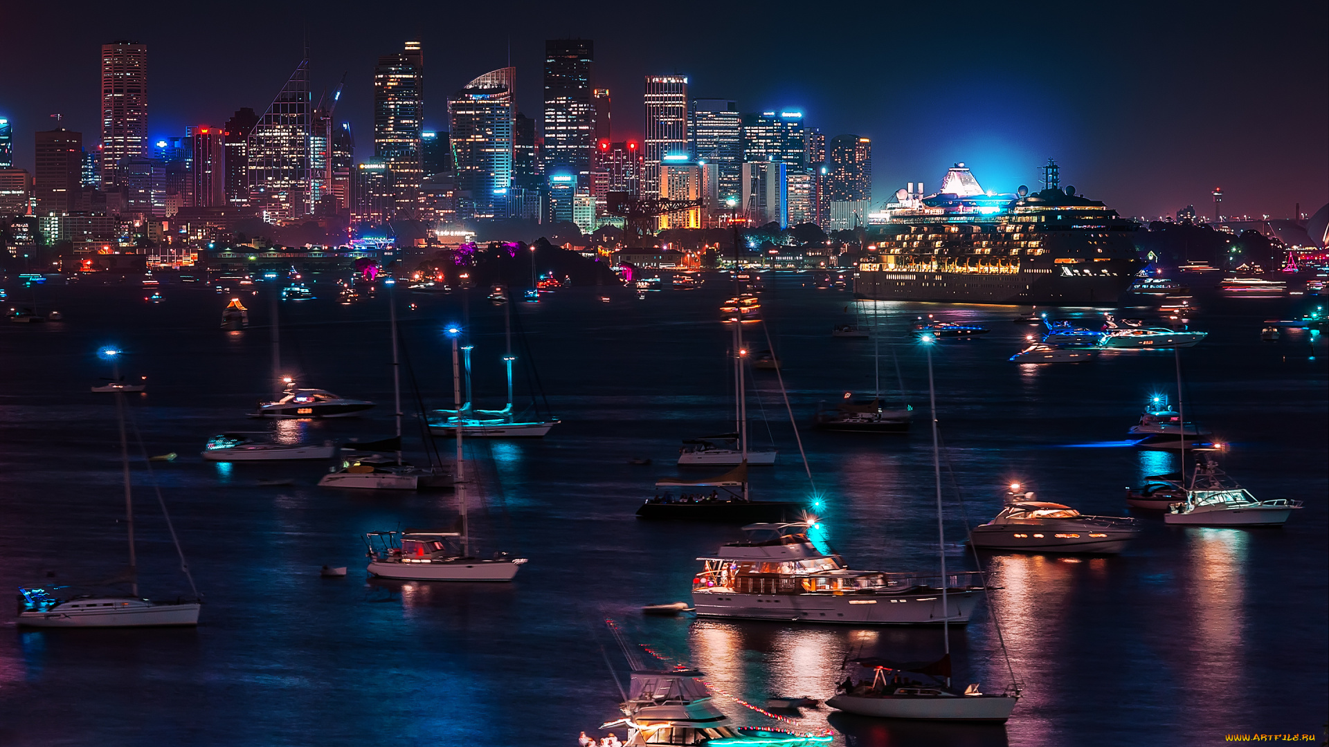 города, огни, ночного, ночь, город, океан, яхты