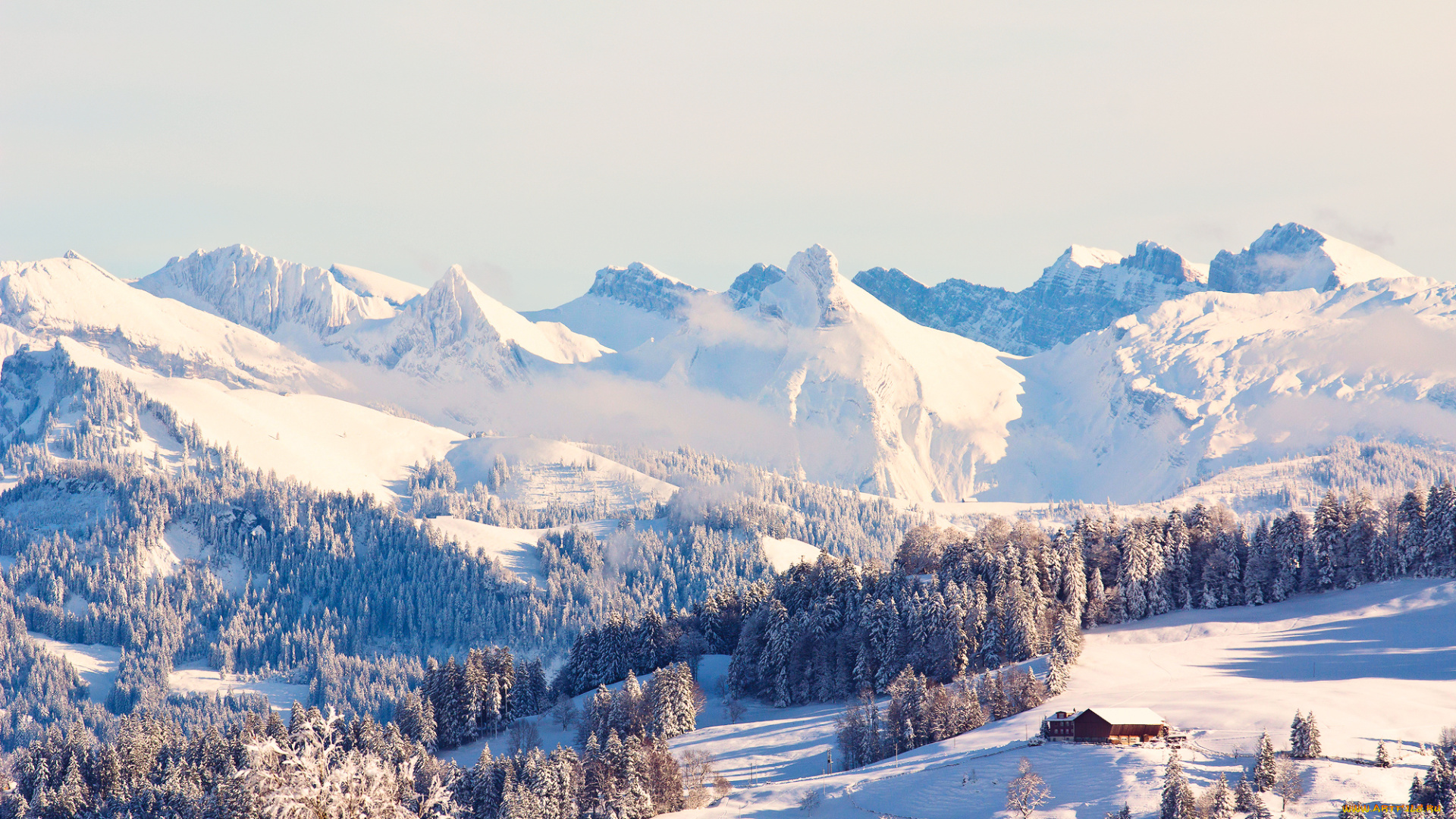 природа, зима, домик, лес, снег, горы