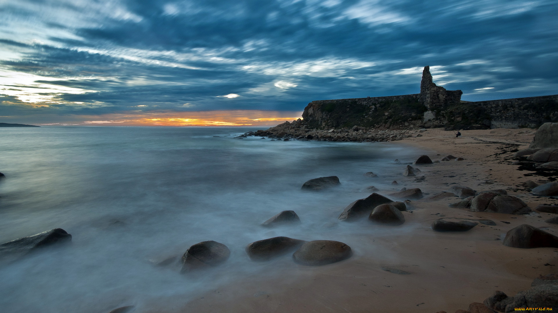 sunset, природа, побережье, сумрак, океан, пляж, камни, тучи