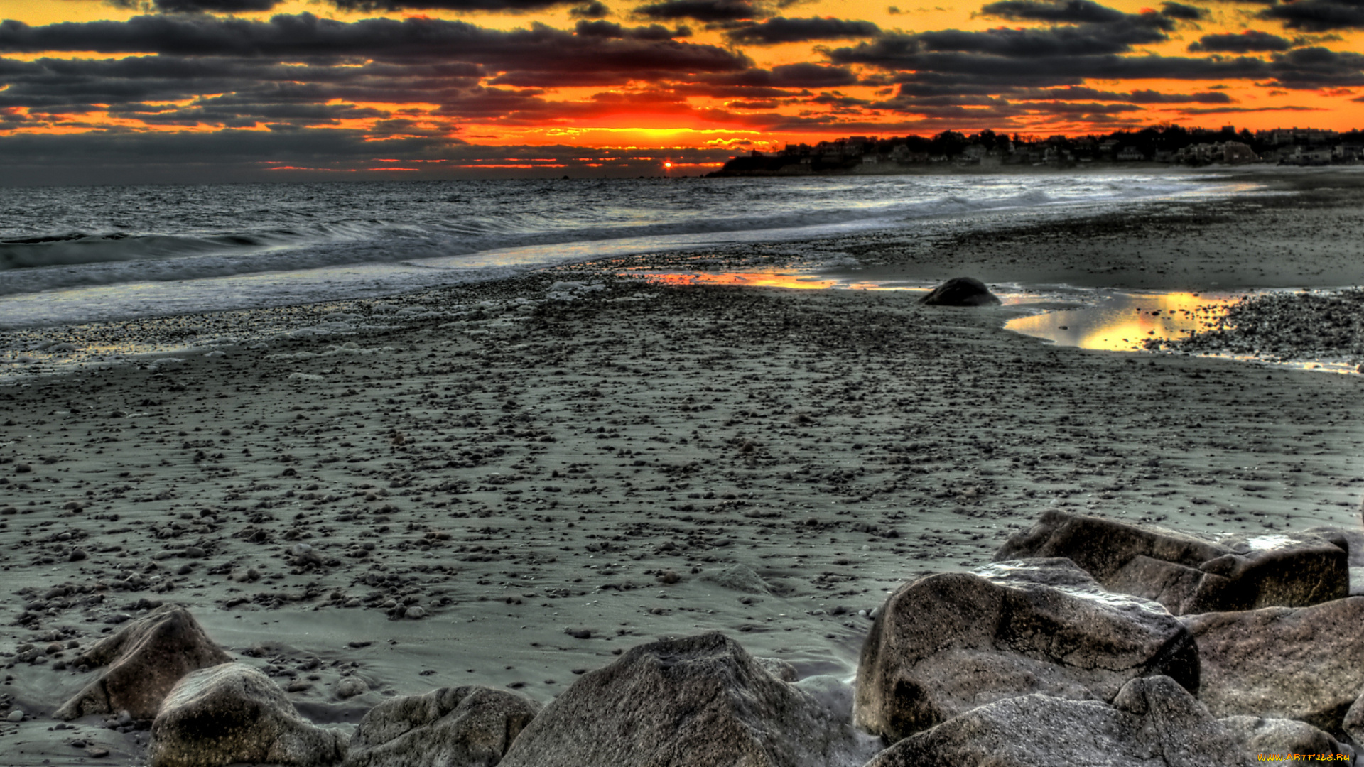 sunset, природа, побережье, тучи, песок, пляж, океан