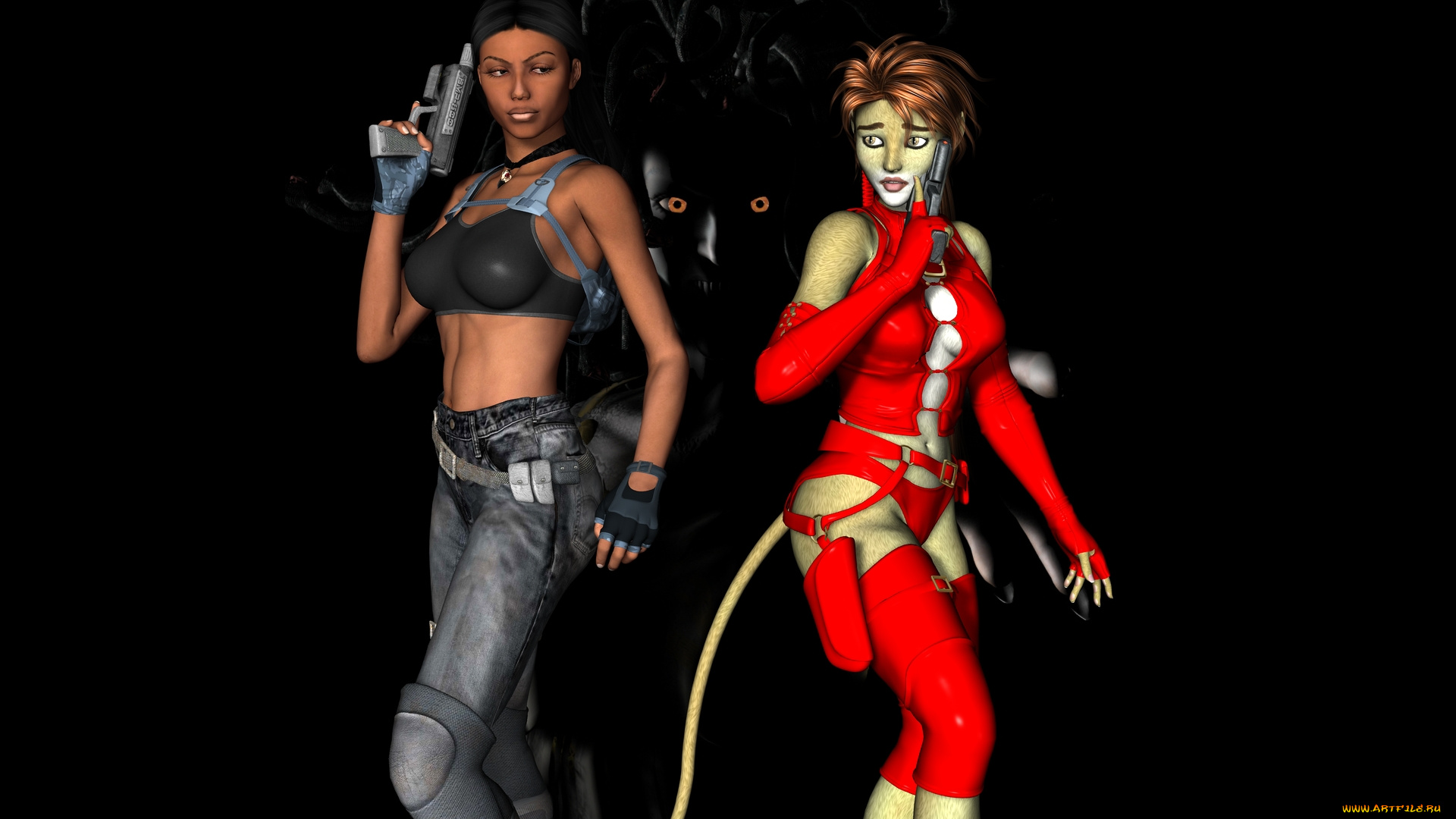 3д, графика, fantasy, , фантазия, девушка, оружие, пума, кошка