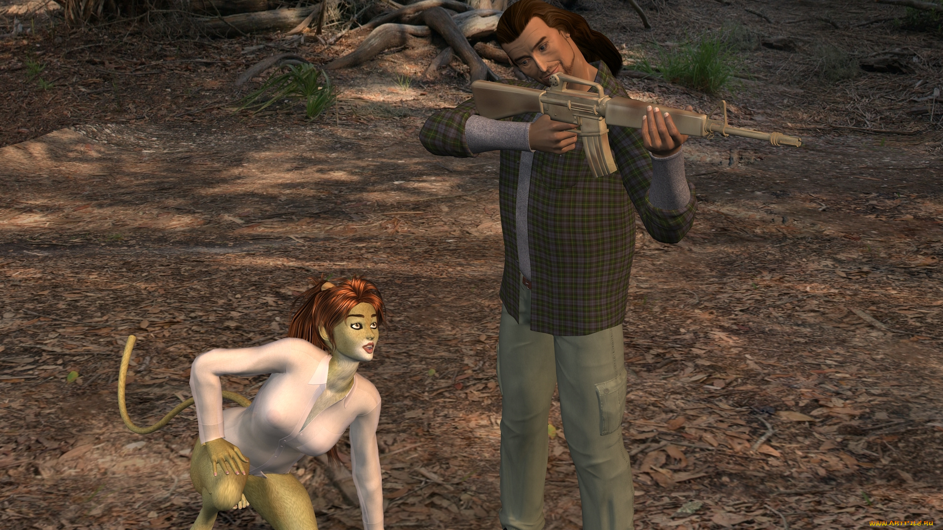 3д, графика, fantasy, , фантазия, мужчина, оружия, девушка, кошка