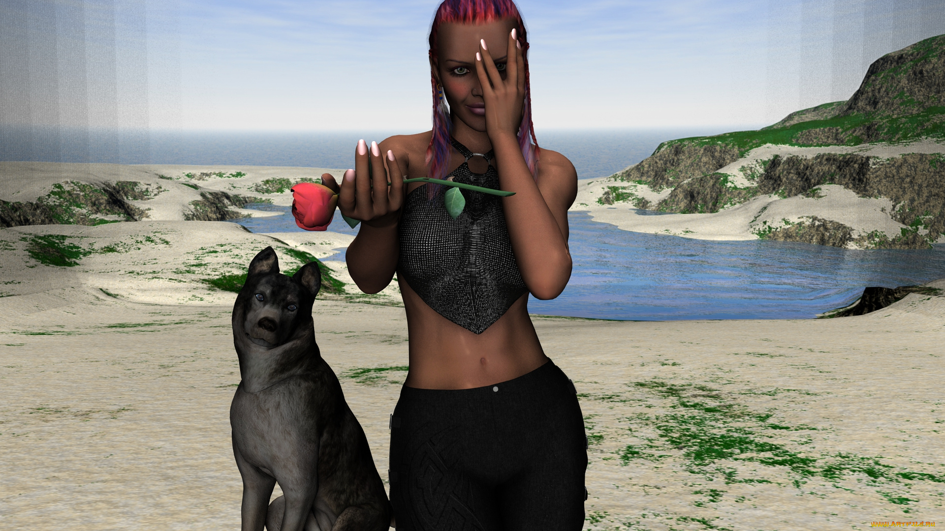 3д, графика, people, , люди, собака, роза, девушка