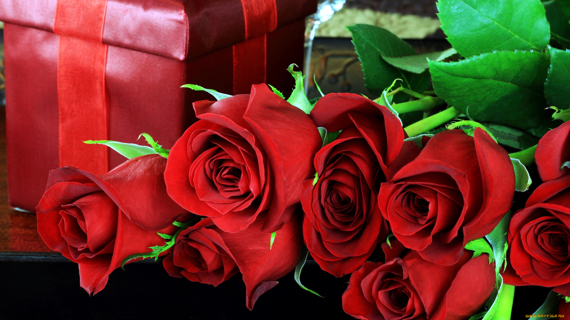 цветы, розы, подарок, лента, бутоны, красный