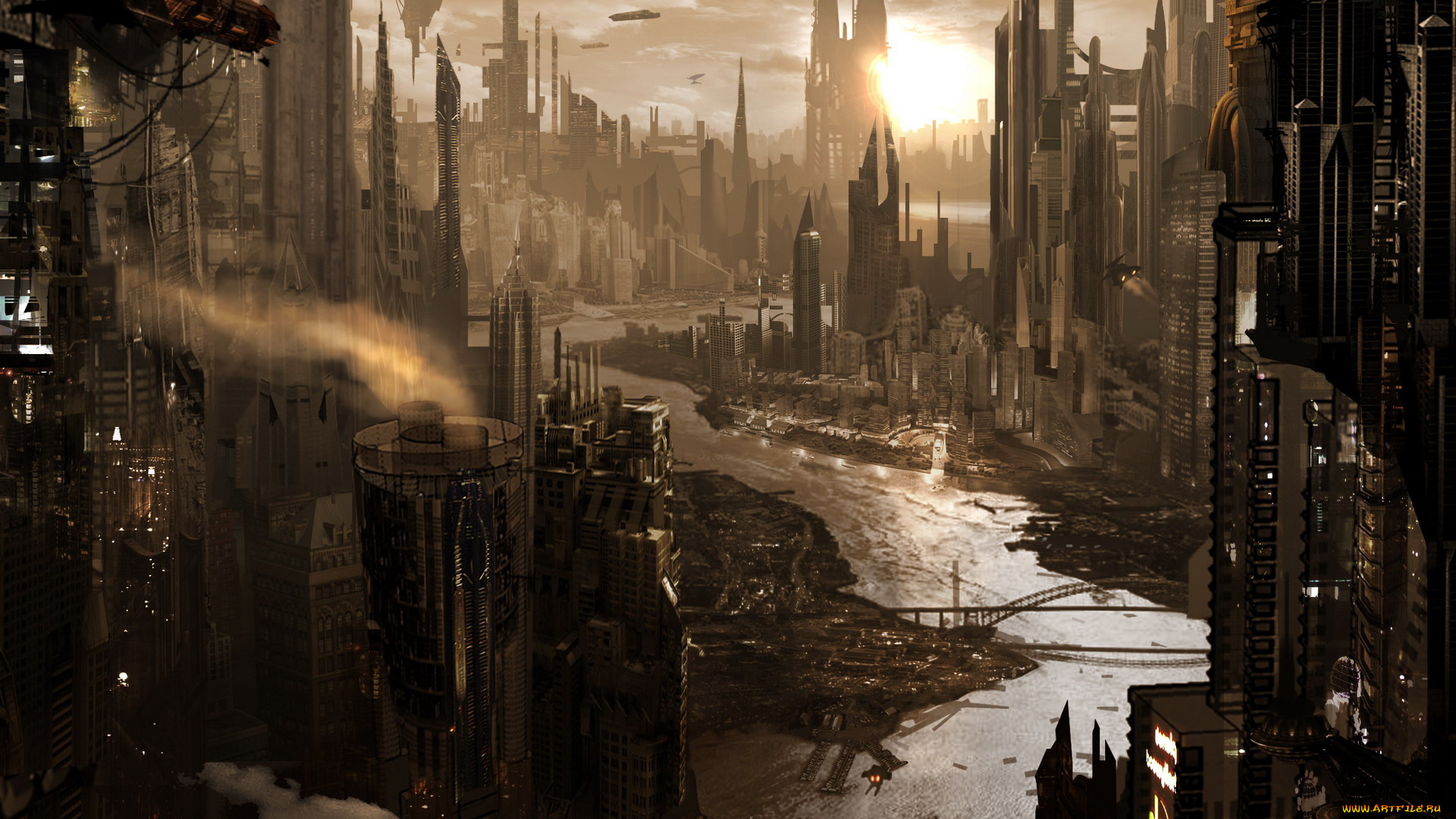 фэнтези, иные, миры, , иные, времена, мегаполис, река, город, будущее, небоскребы