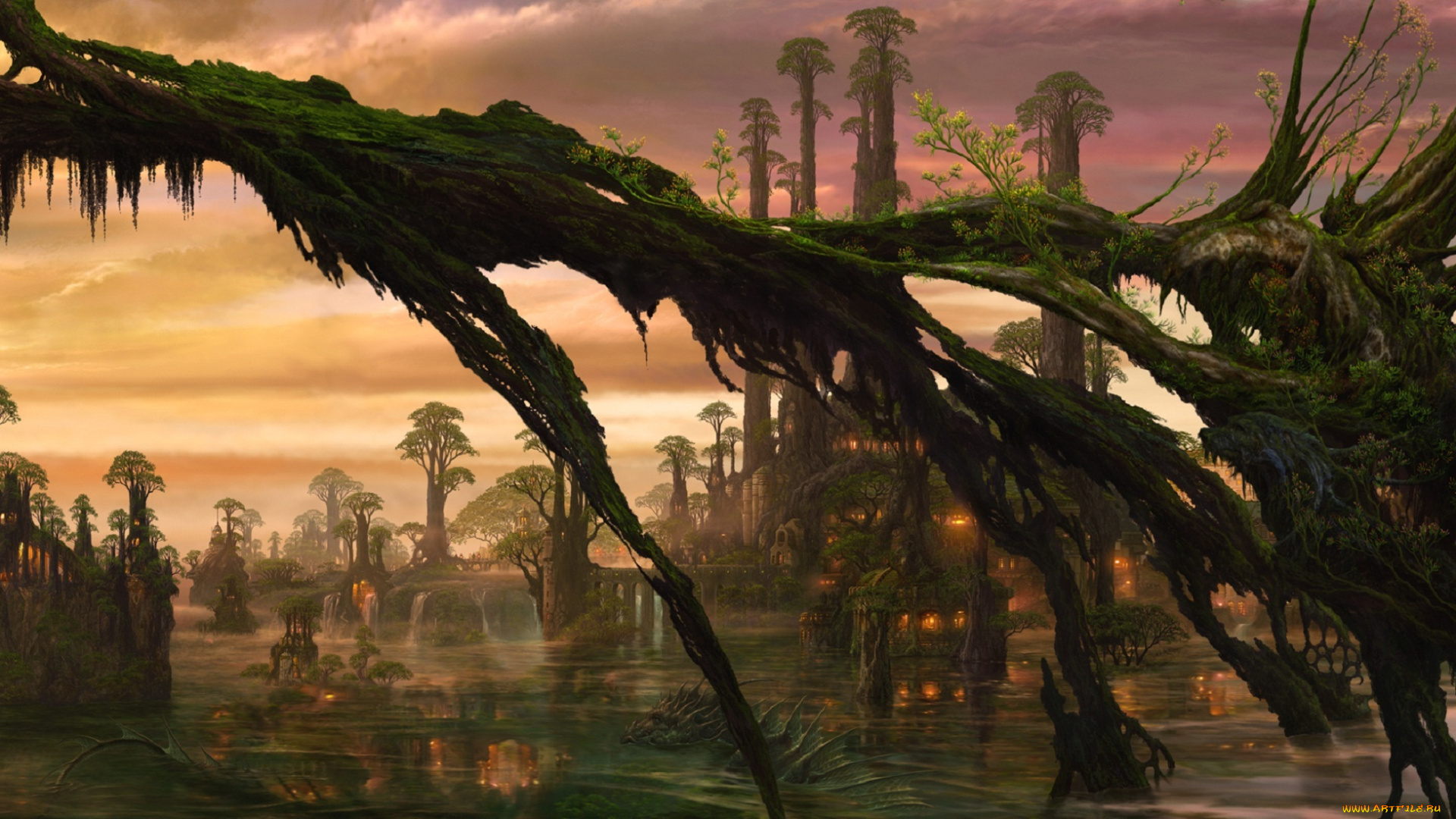 фэнтези, пейзажи, болото, растительность, сооружения, жилье, существо, пейзаж