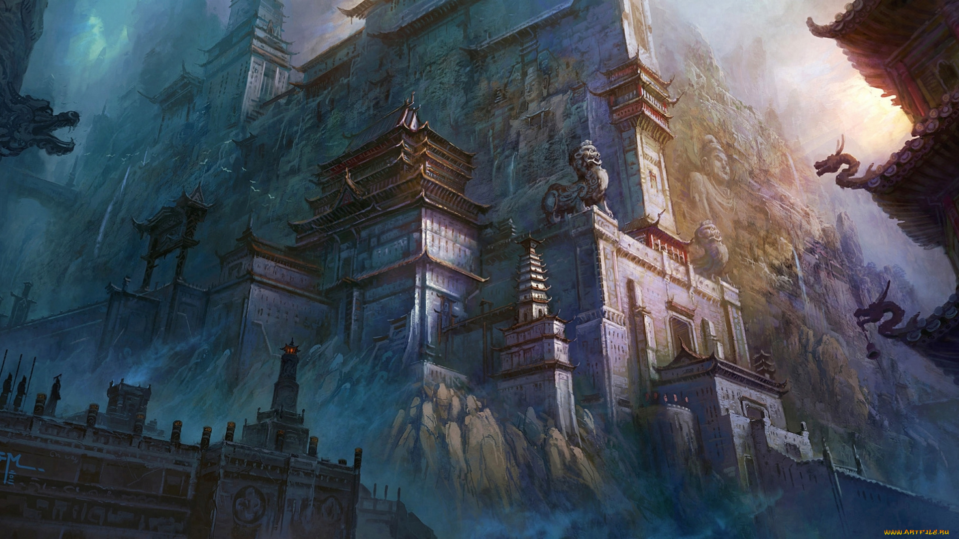 фэнтези, замки, храмы, горы, скалы, пагода, тибет