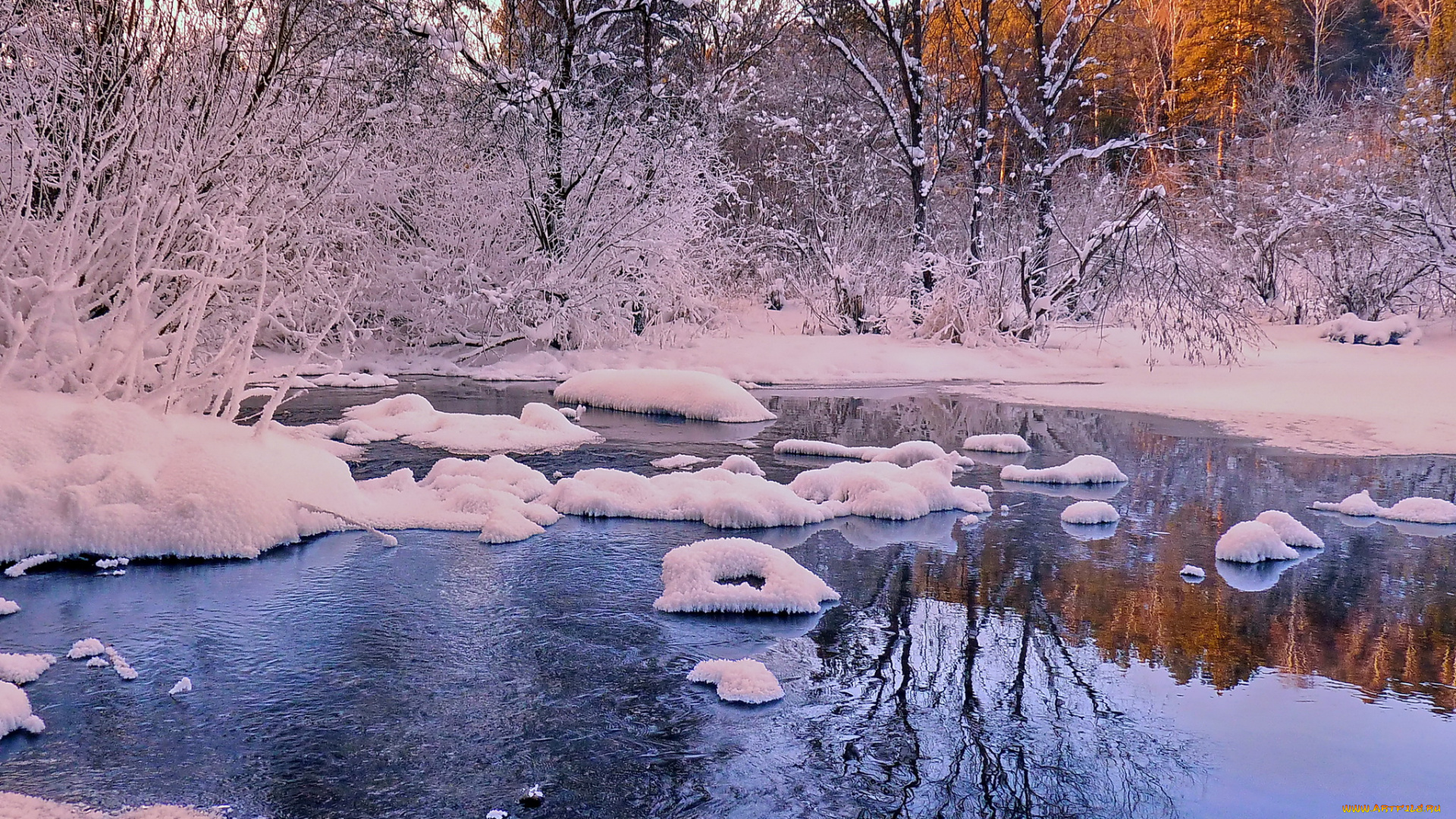 природа, зима, река, снег, лес