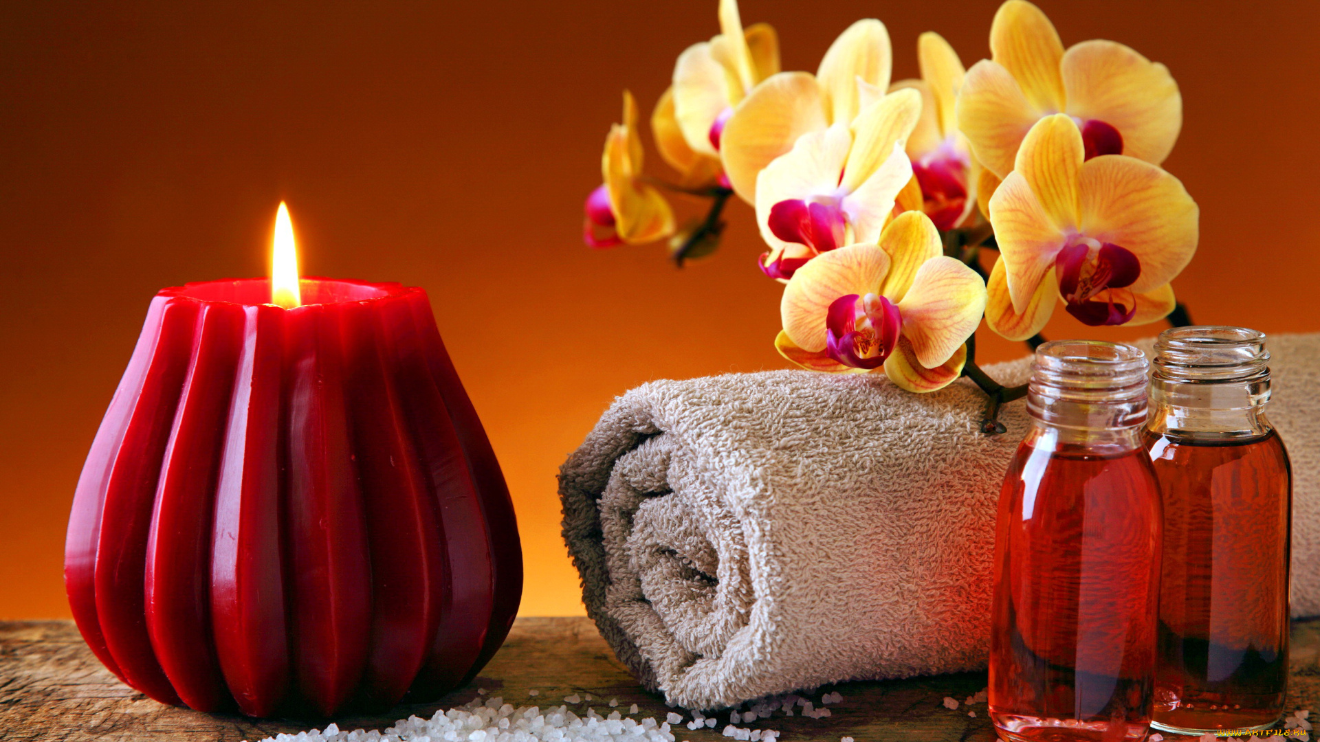 разное, свечи, полотенце, свеча, соль, орхидеи, бутылочки