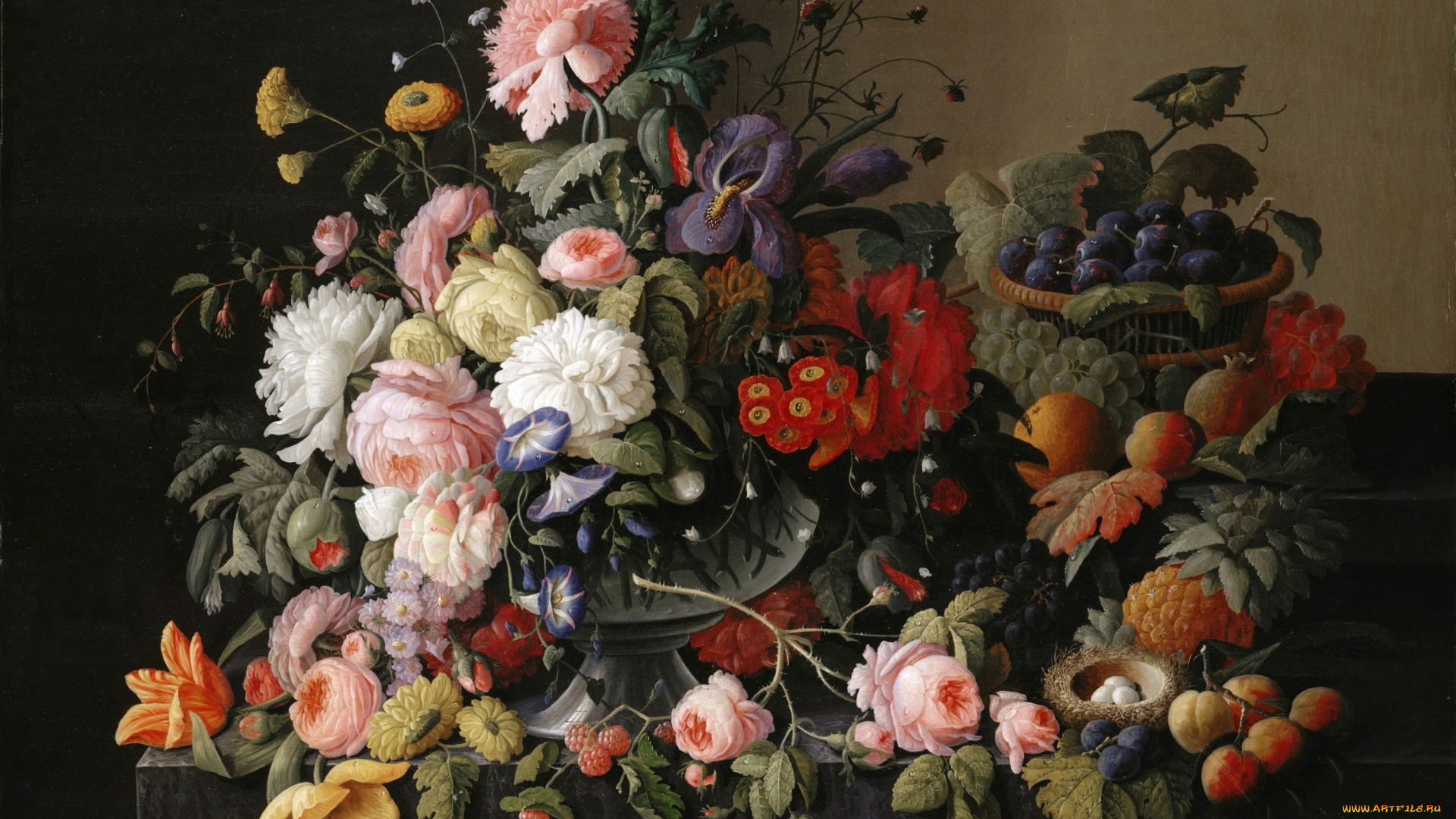 рисованные, цветы, натюрморт, фрукты