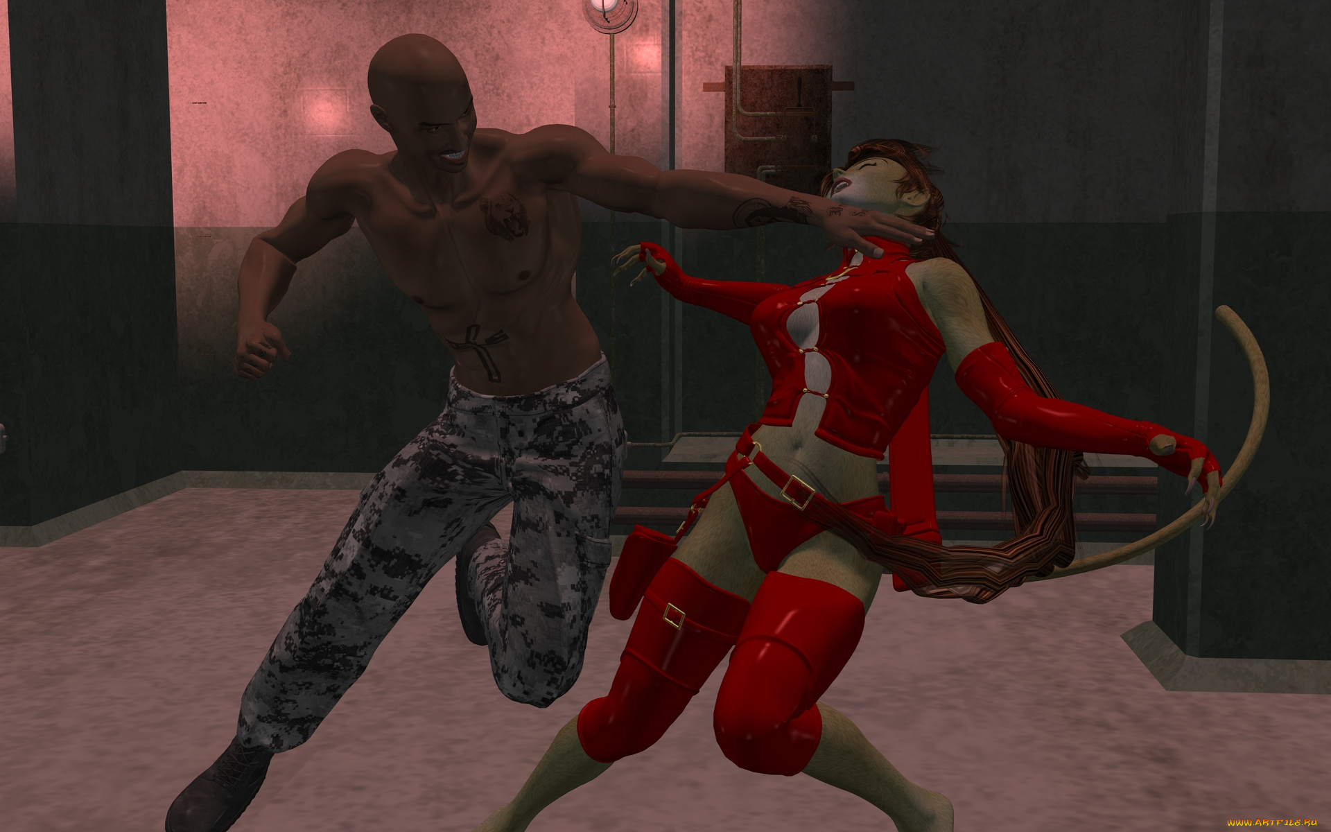 3д, графика, fantasy, , фантазия, девушка, кошка, драка