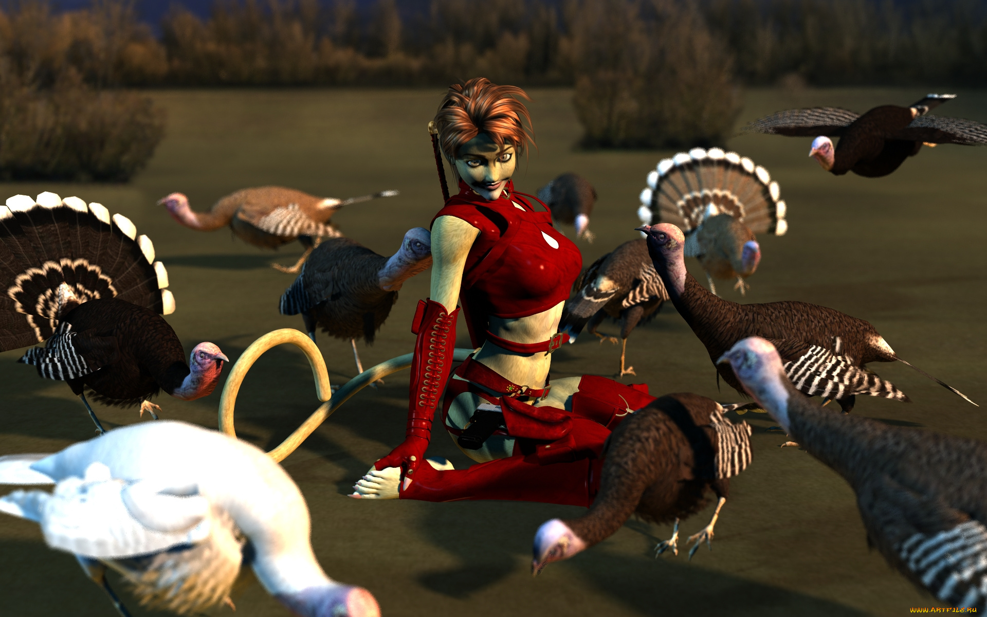 3д, графика, fantasy, , фантазия, индюки, девушка, кошка