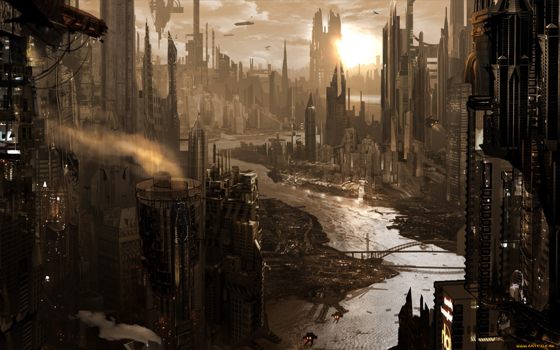 фэнтези, иные, миры, , иные, времена, мегаполис, река, город, будущее, небоскребы