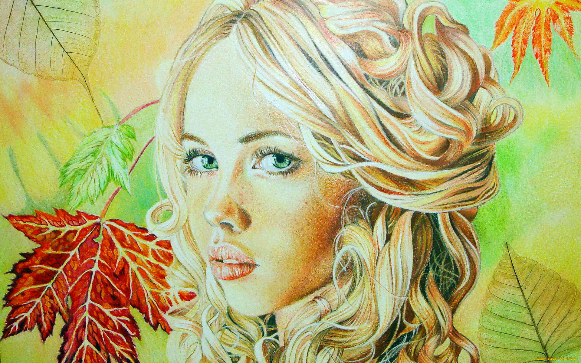 рисованные, люди, листья, девушка, лицо, волосы