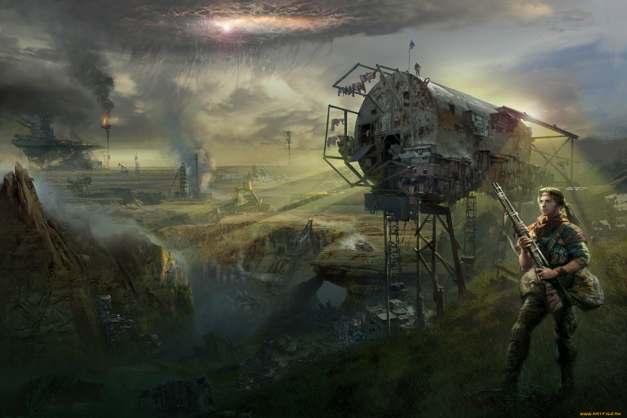 фэнтези, люди, охрана, винтовка, солдат, жилье, котлован, постапокалипсис