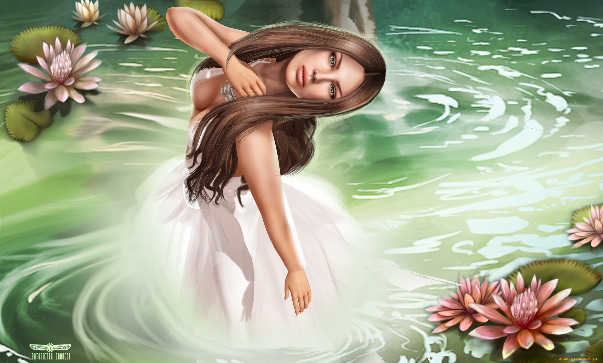 3д, графика, people, , люди, лилии, вода