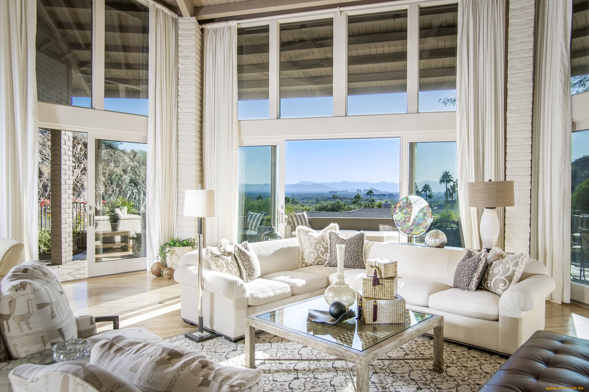 интерьер, гостиная, окна, диваны, элегантность