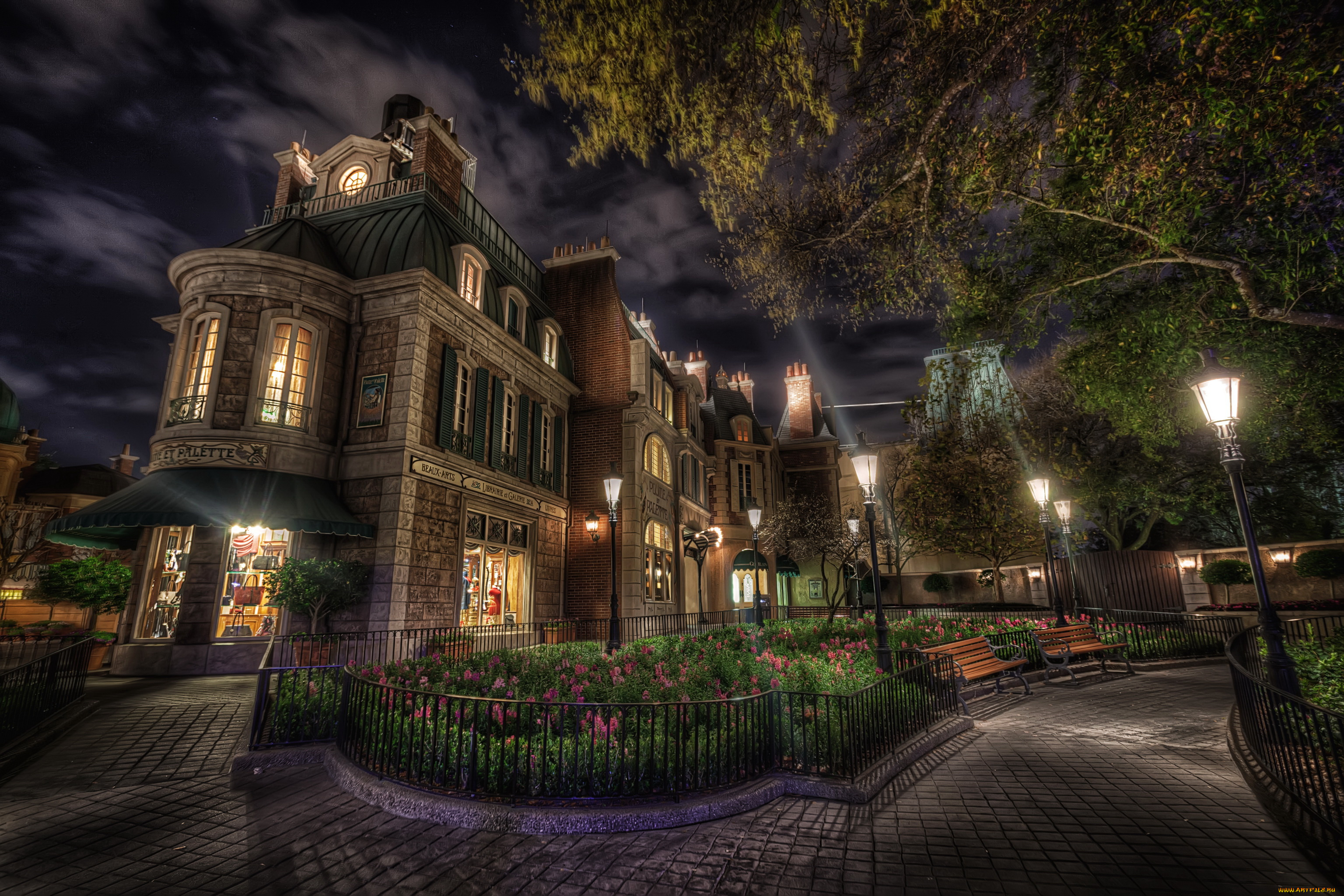 города, диснейленд, парки, дизайн, hdr, ночь, сша, калифорния, фонари, анахайм