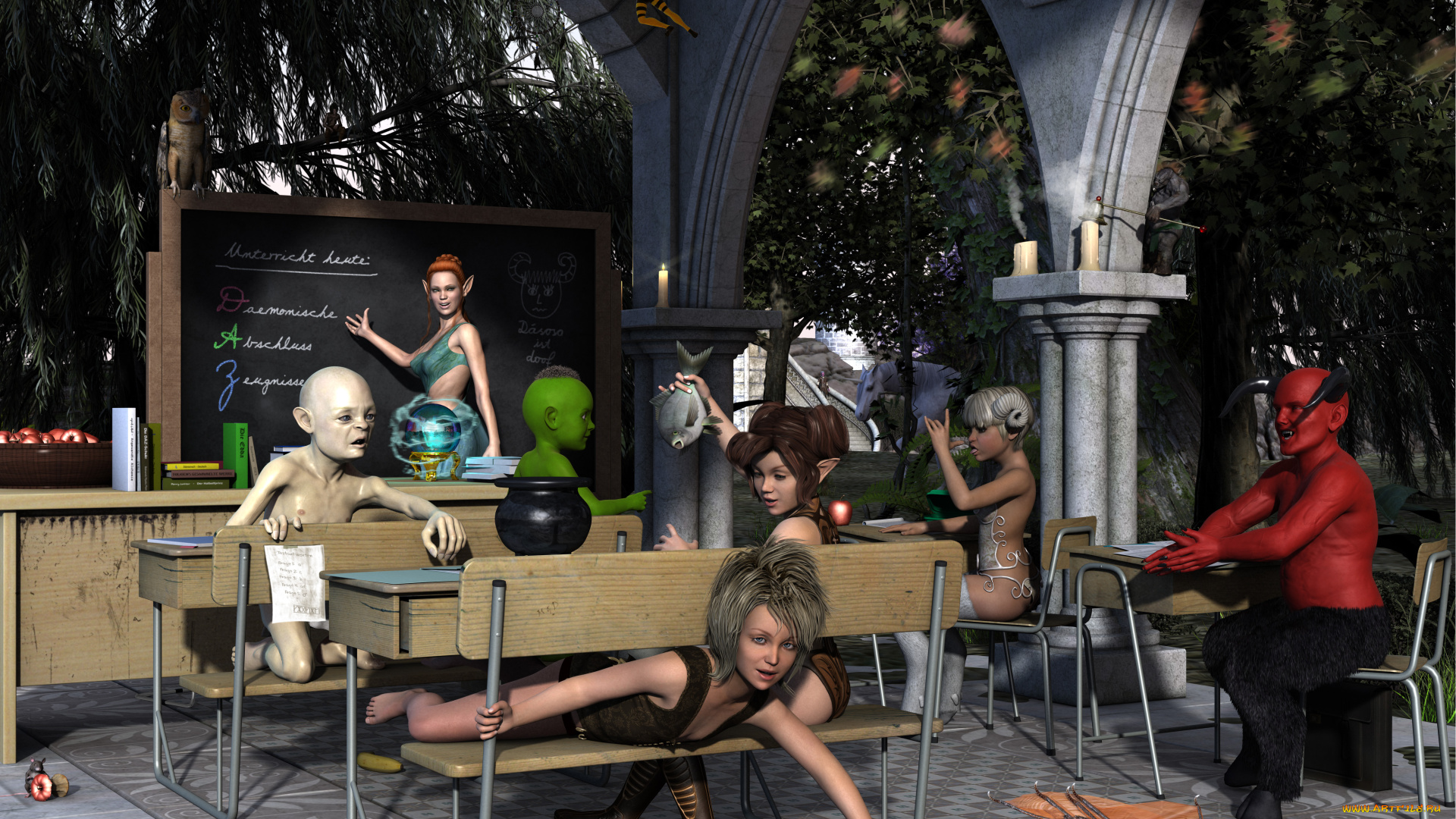 3д, графика, эльфы, , elves, дракон, скамейки, столы, эльфы, доска, урок, лягушка