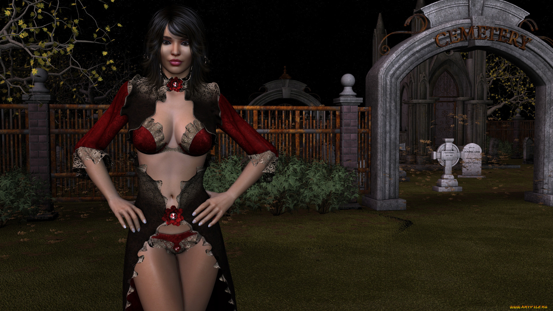 3д, графика, фантазия, , fantasy, фон, кресты, девушка, взгляд