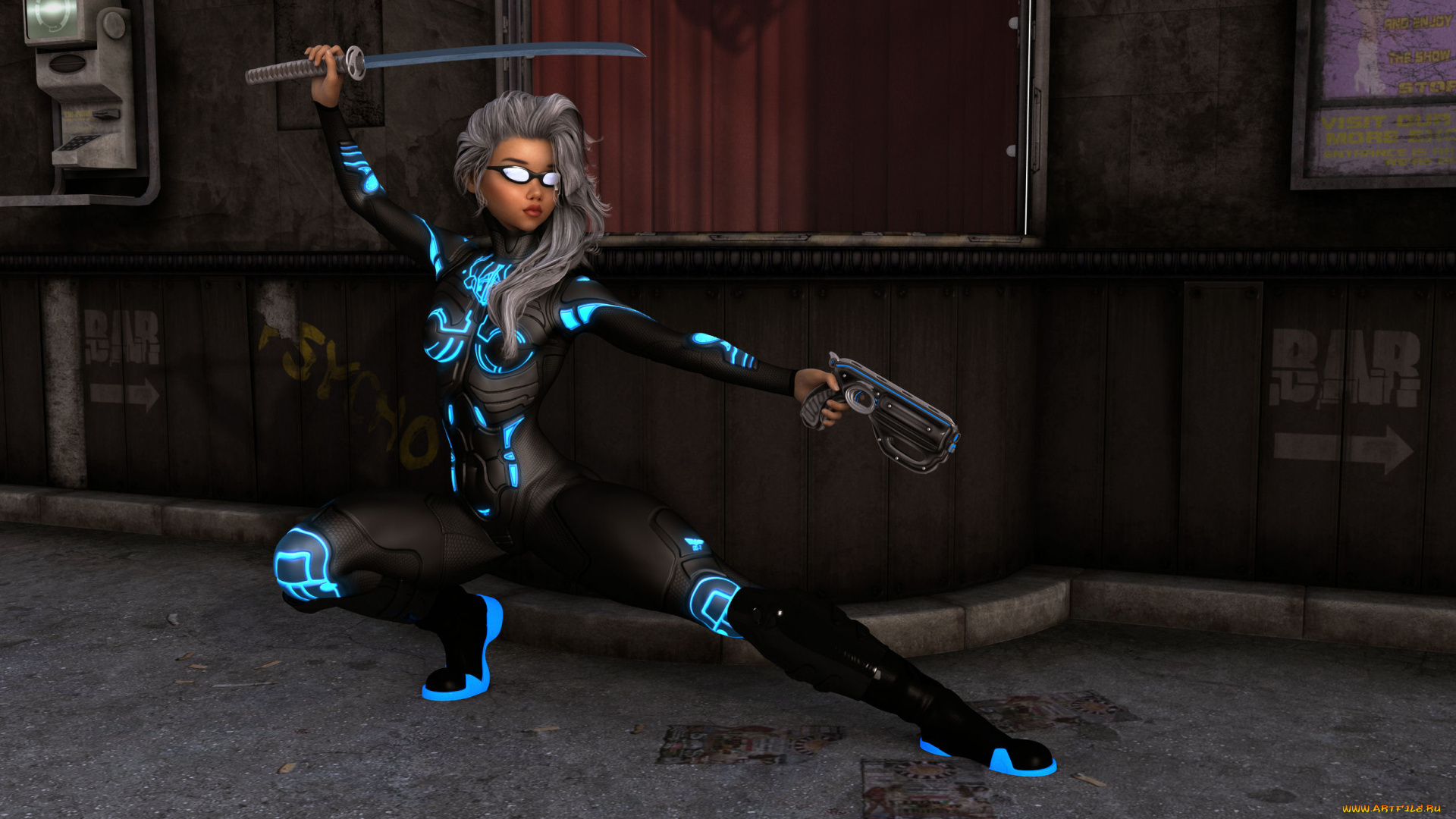 3д, графика, фантазия, , fantasy, взгляд, девушка, очки, оружие, фон