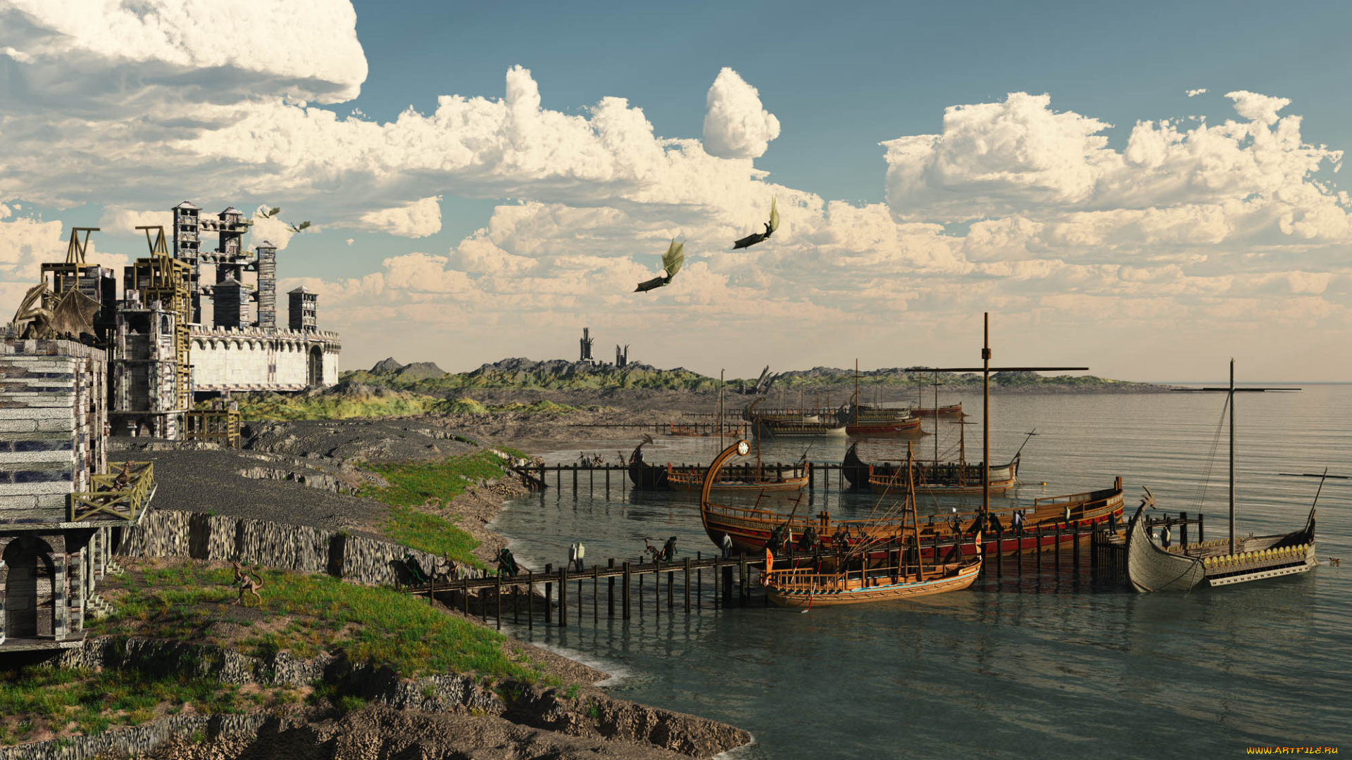 3д, графика, фантазия, , fantasy, замок, пирс, небо, залив, ладьи