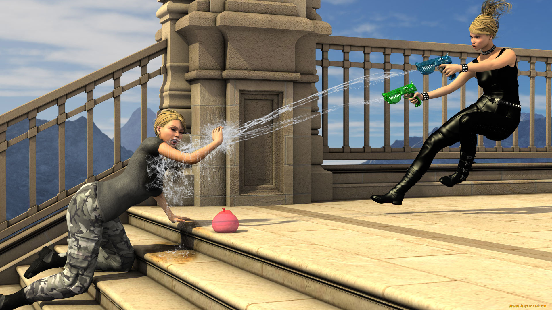 3д, графика, люди, , people, фон, взгляд, девушки, брызги, лестница