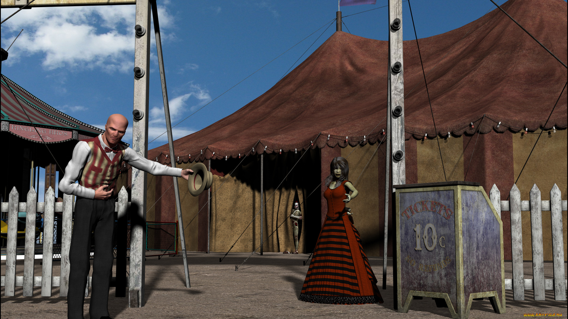 3д, графика, люди, , people, мужчина, фон, взгляд, девушка, забор, цирк