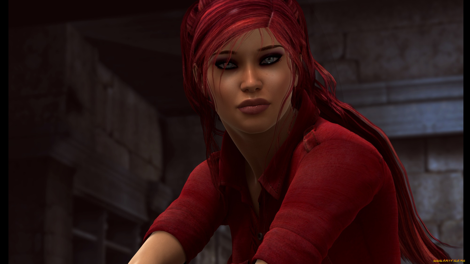 3д, графика, люди, , people, рыжая, фон, взгляд, девушка