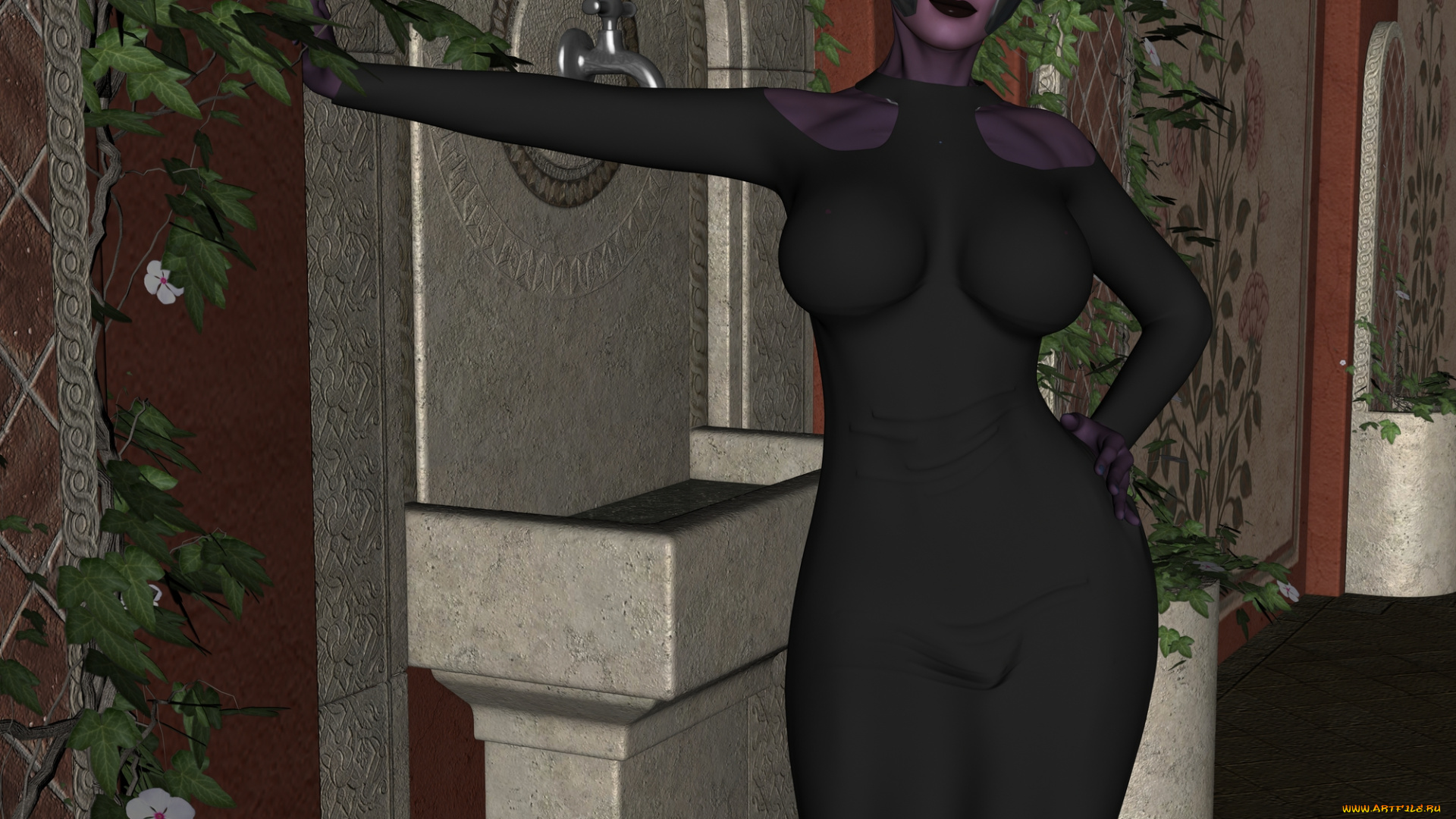 3д, графика, существа, , creatures, цветы, рога, фон, взгляд, кастаника