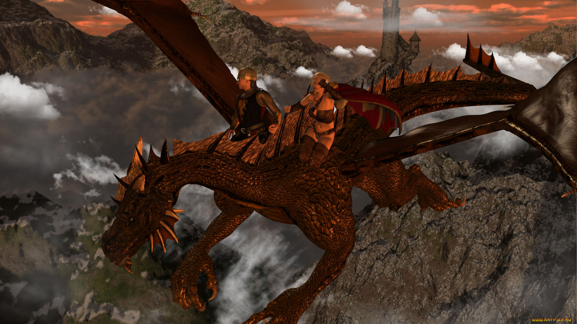 3д, графика, существа, , creatures, облака, горы, полет, дракон, пейзаж