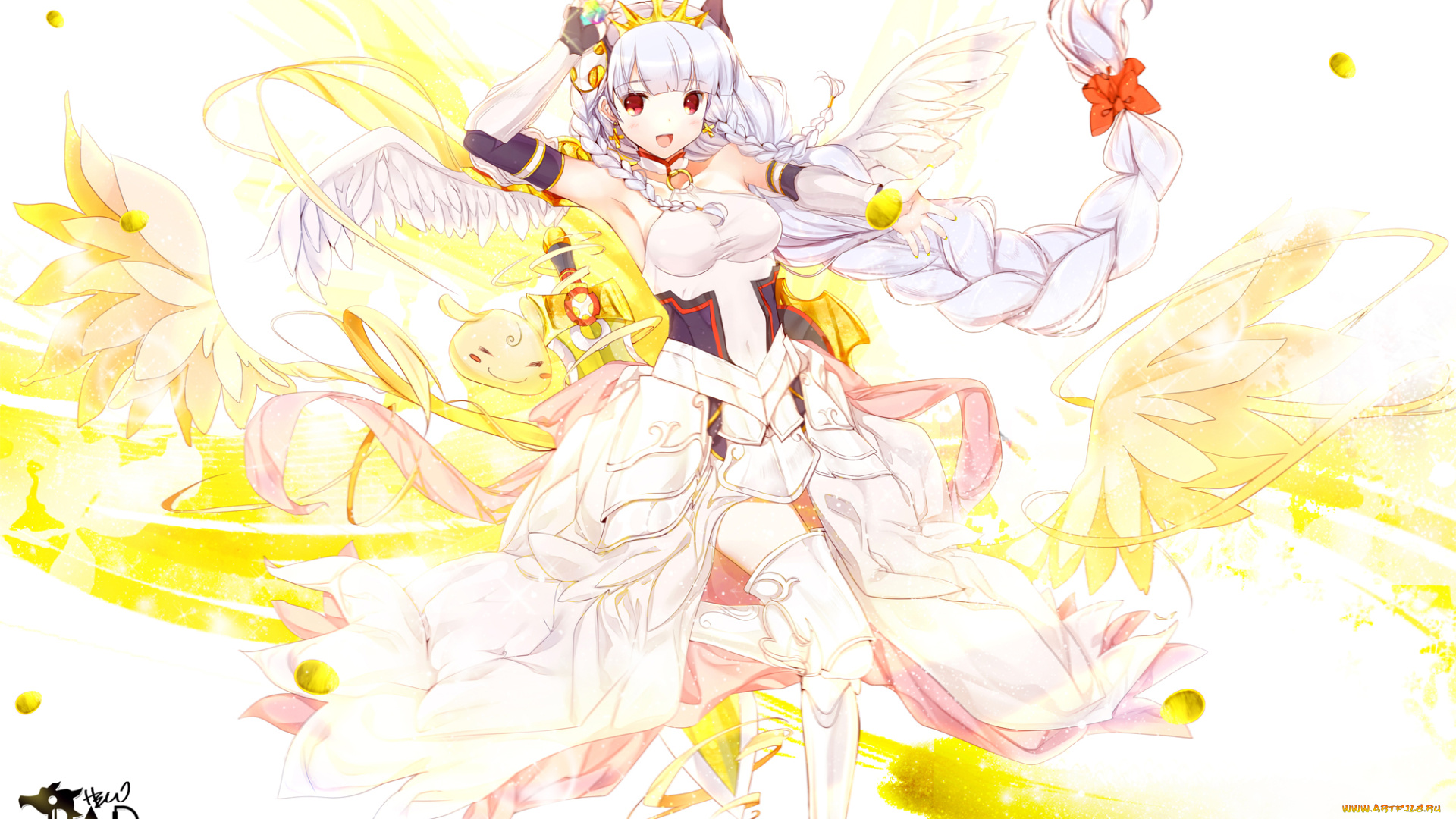 аниме, ангелы, , демоны, фон, heco, крылья, коса, корона, взгляд, mama, арт, девушка