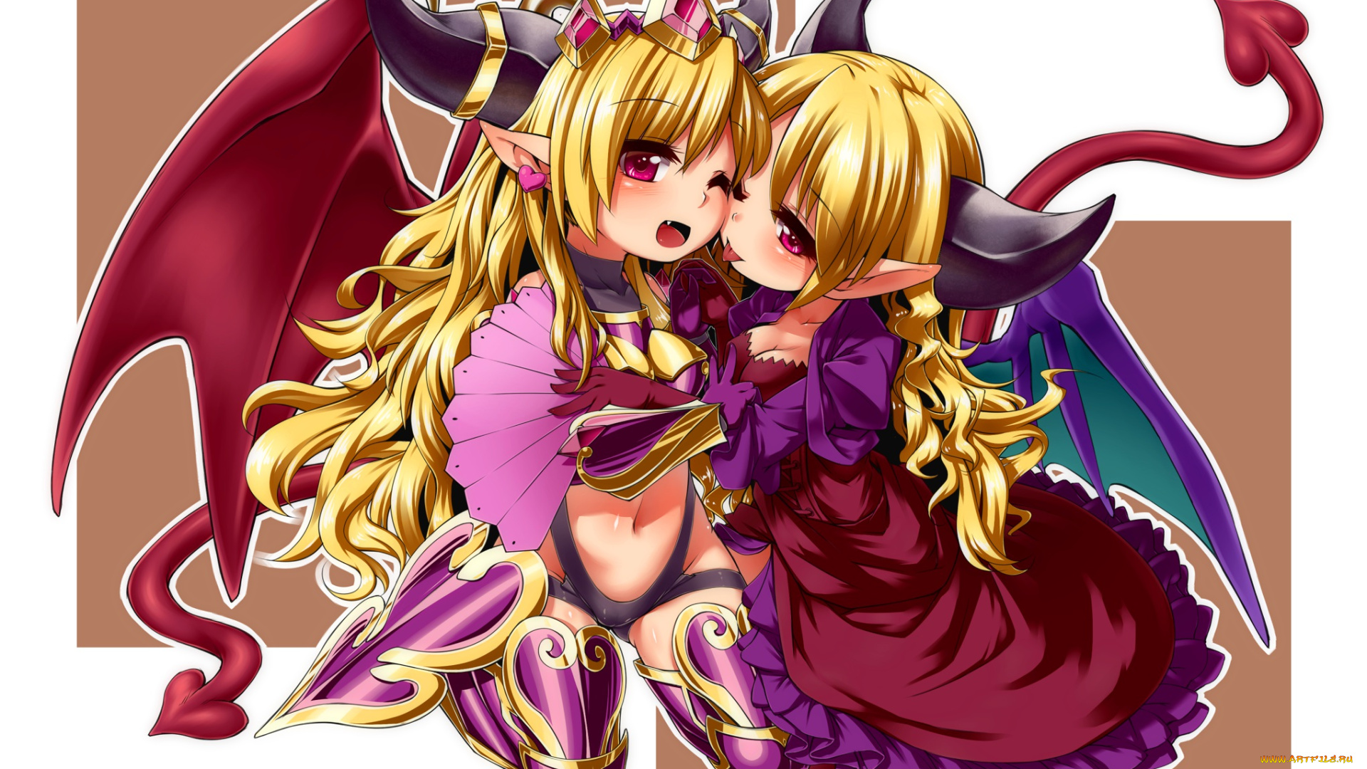 аниме, ангелы, , демоны, rutsubo, девушки, демоны, хвост, крылья, арт