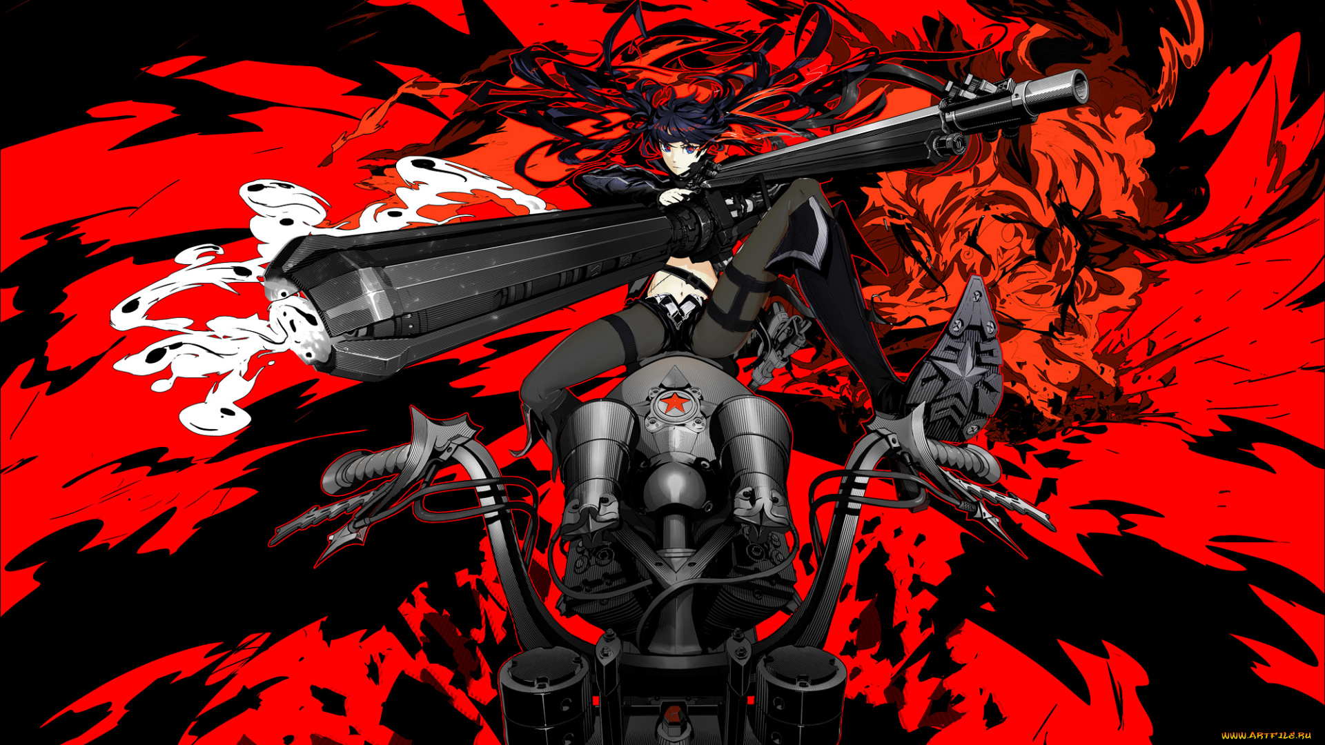 аниме, black, rock, shooter, оружие, фон, красный, мотоцикл, девушка, арт, arsenixc, kuroi, mato, black, rock, shooter