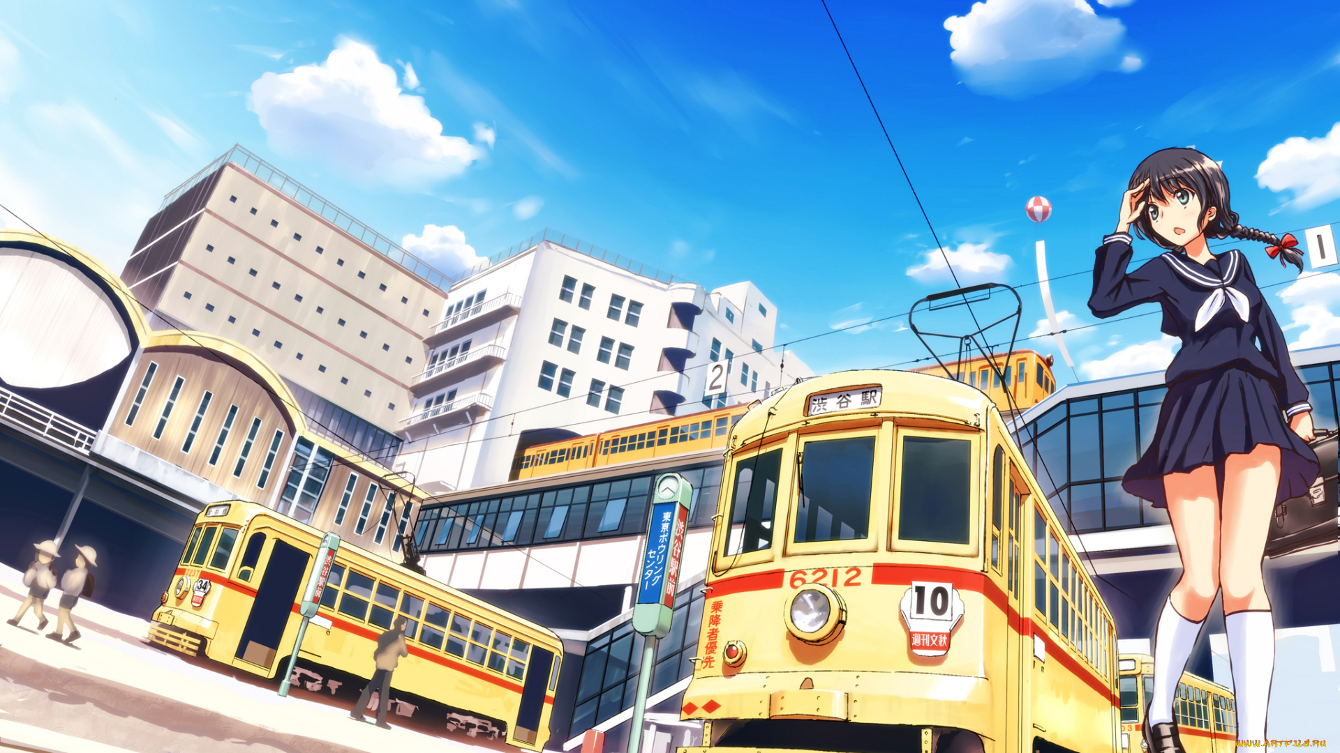 аниме, город, , улицы, , здания, девушка, арт, улица, облака, небо, трамвай, здания, tsukuyomi, touka