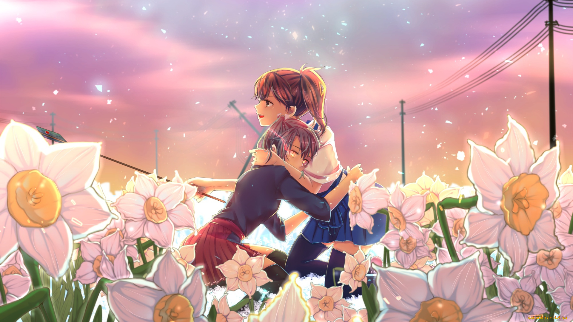аниме, kantai, collection, небо, цветы, арт, девушки, b-a-pple, объятия, нарциссы