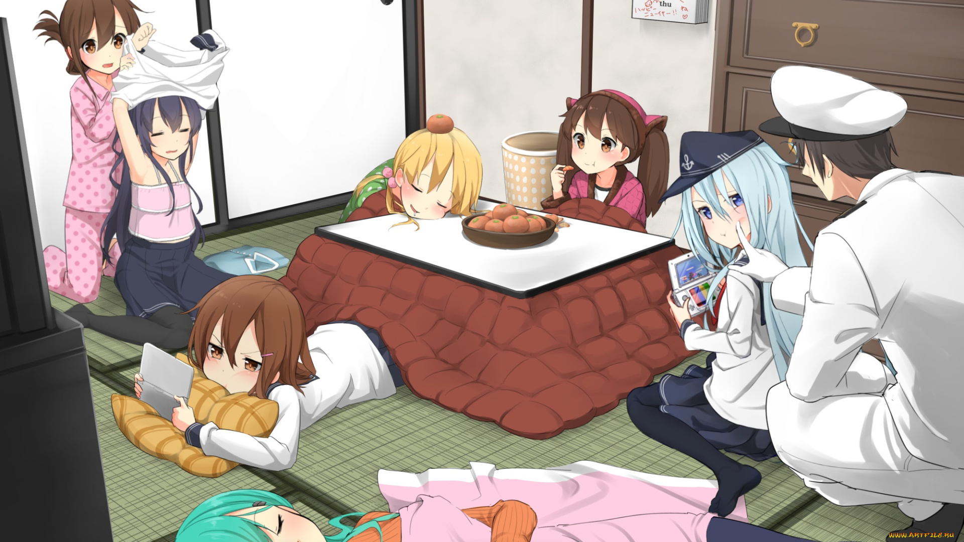 аниме, kantai, collection, парень, еда, помидоры, девушки, арт, max, melon, teitoku, комната