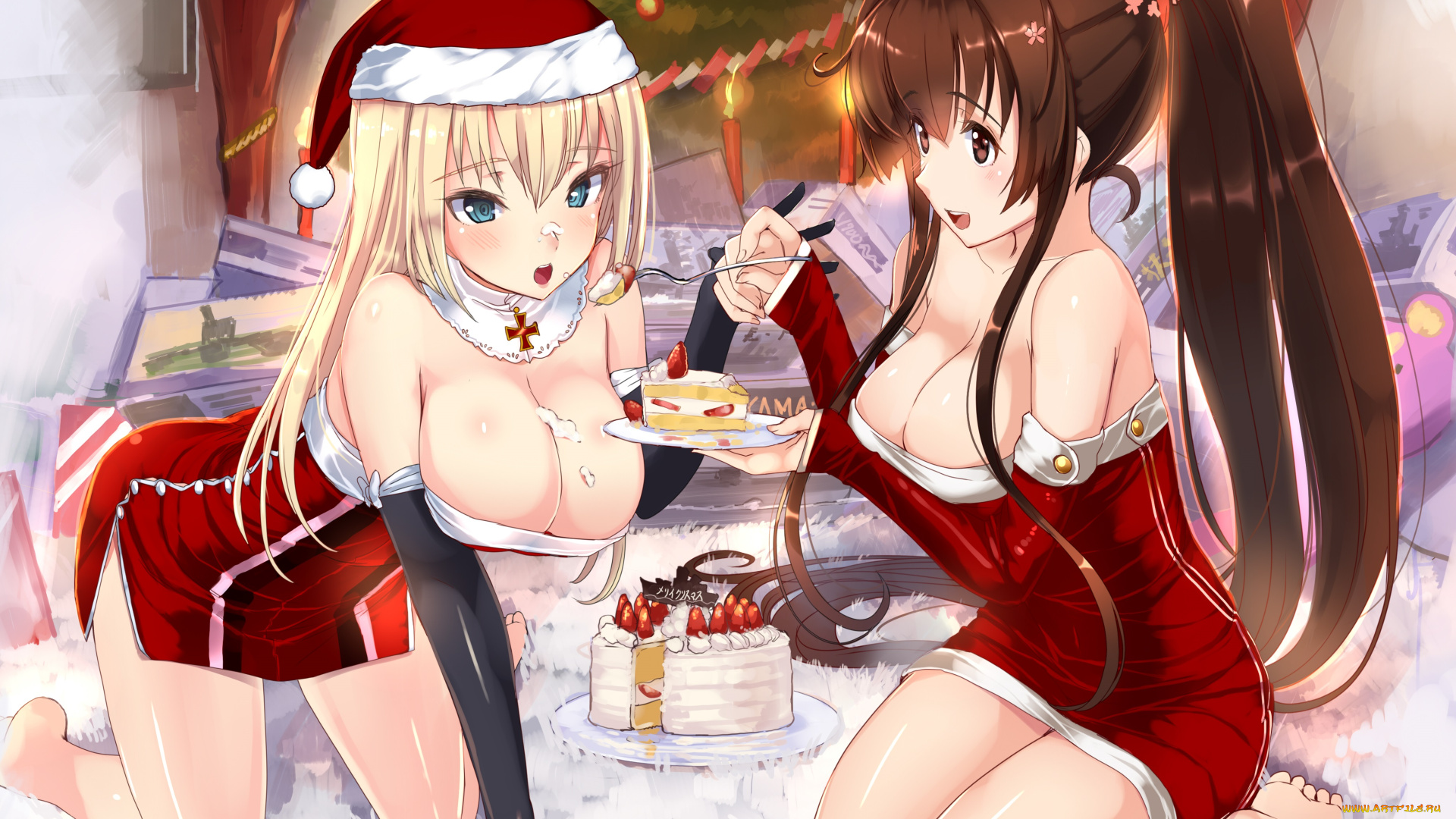 аниме, kantai, collection, снегурочки, новый, год, девушки, akasaai, ёлка, торт, арт, yamato, kancolle, bismarck, kantai, collection