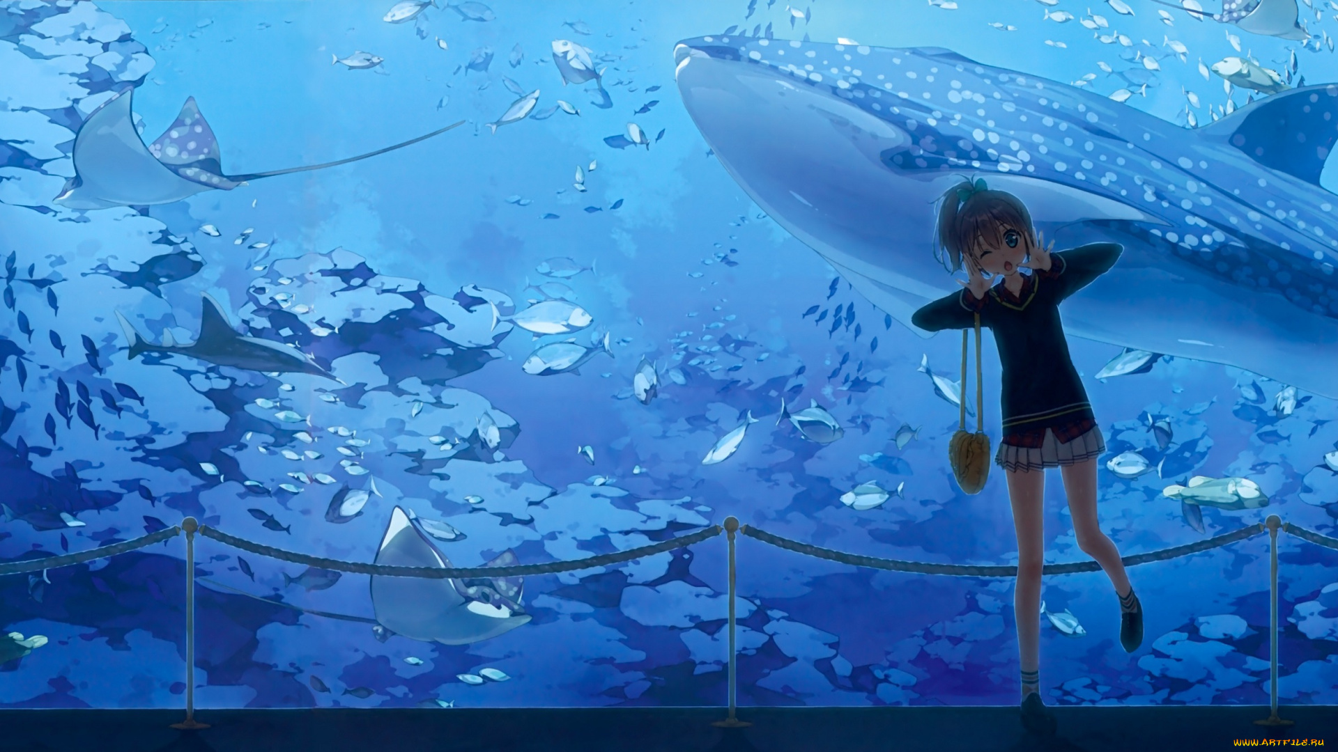аниме, kantoku, , artbook, кит, вода, аквариум, рыбы, девушка, арт, kantoku