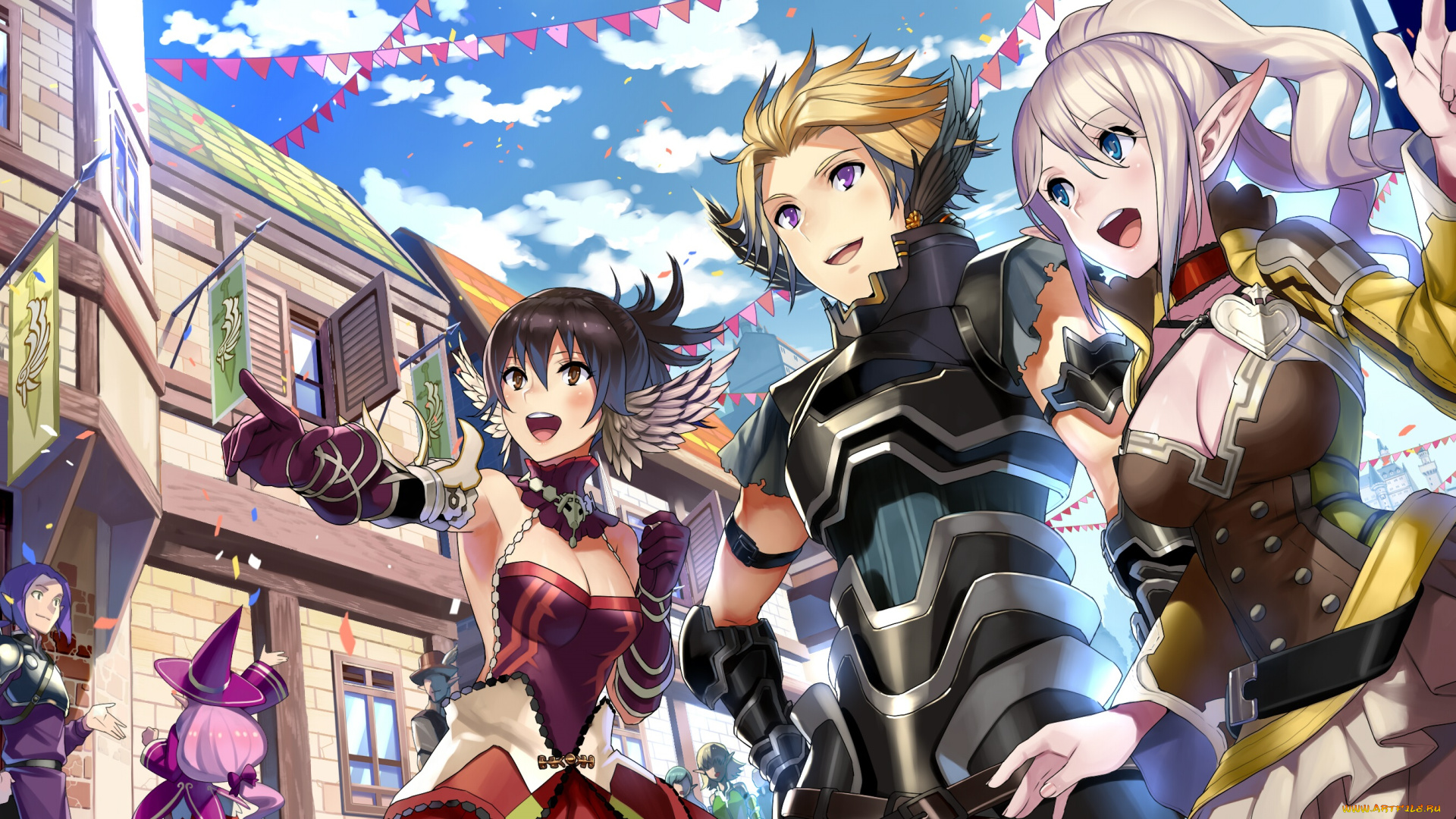 аниме, оружие, , техника, , технологии, город, улица, девушки, арт, matsui, hiroaki, парень, эльфы, веселье, праздник, облака, карнавал, небо, флажки