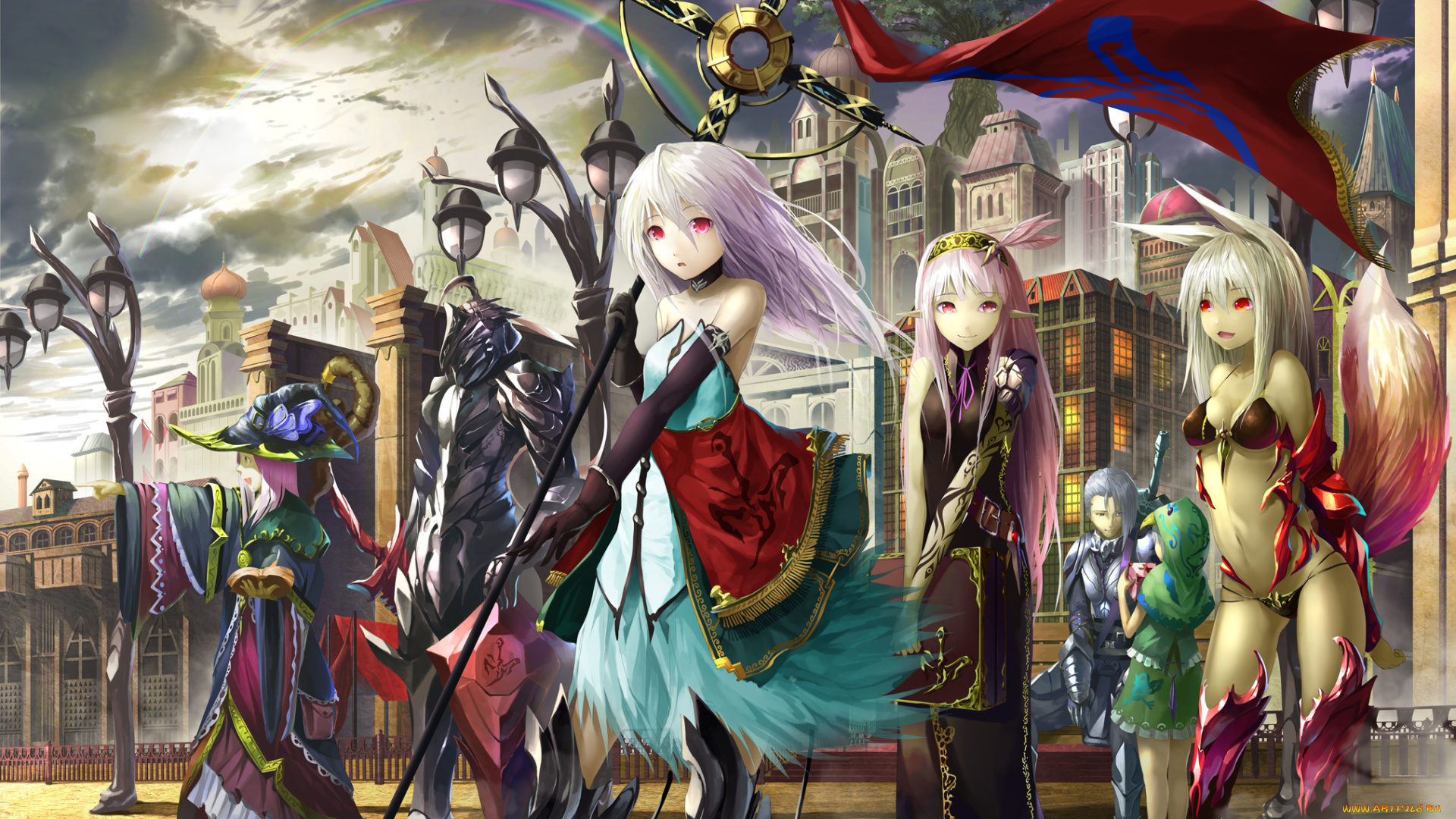 аниме, оружие, , техника, , технологии, tyappygain, парни, арт, улица, лавочка, фонари, город, здания, девушки, доспехи