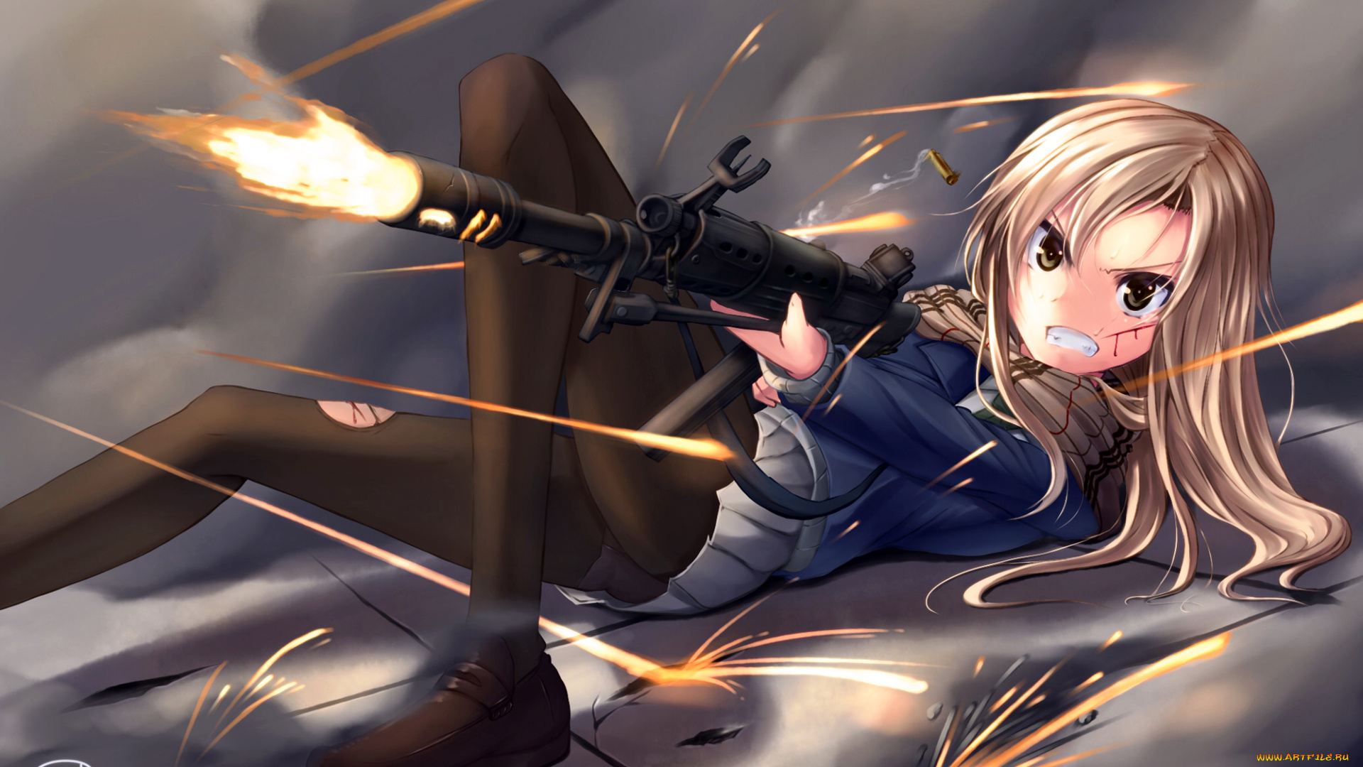 аниме, оружие, , техника, , технологии, взгляд, девушка, арт, dreadtie, обстрел, гильза, царапина, злость