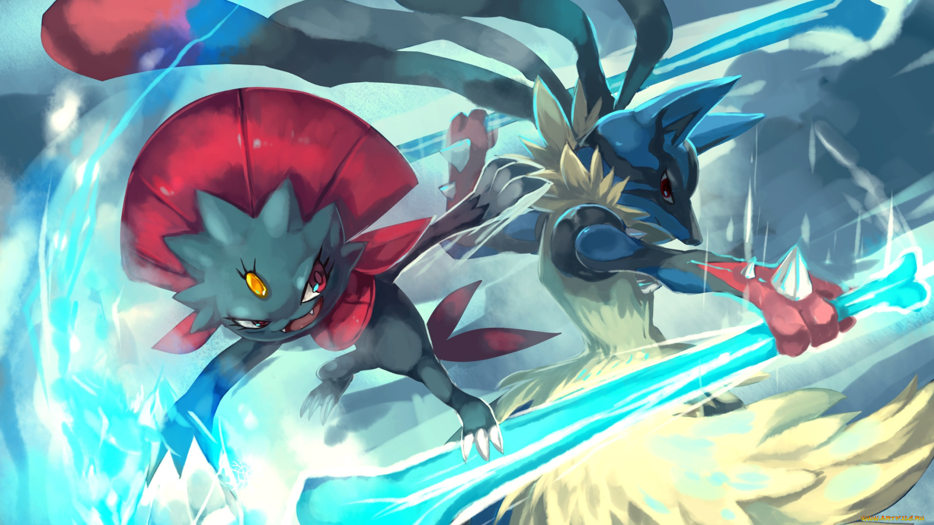 аниме, pokemon, megalucario, weavile, арт, покемоны, битва