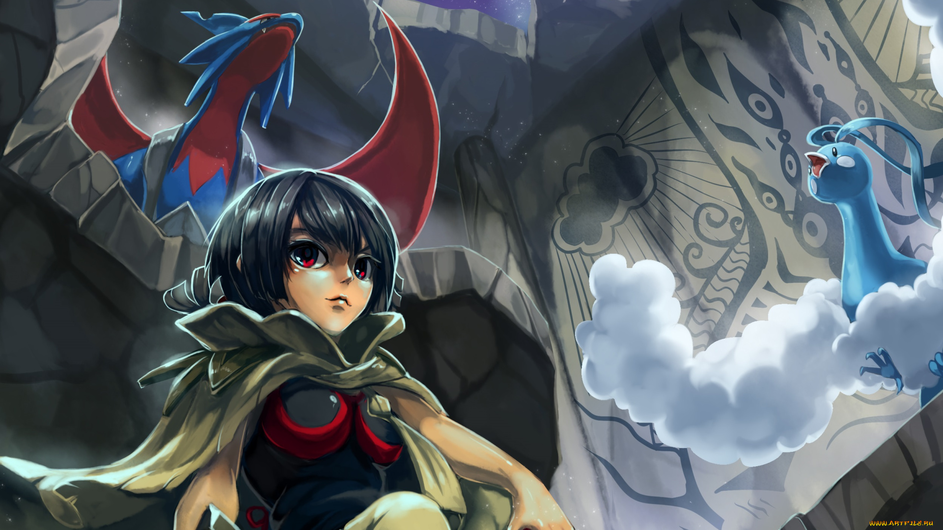 аниме, pokemon, звёздное, покемон, руины, небо, девушка, драконы