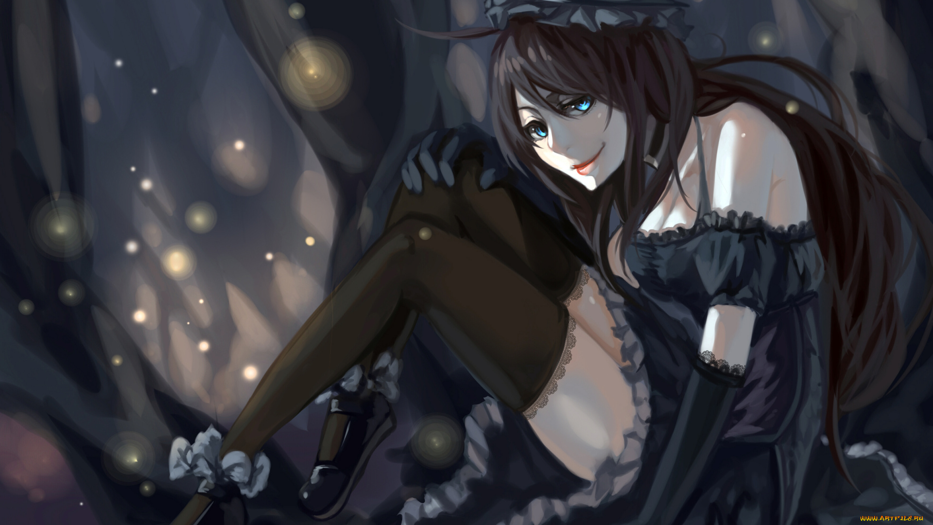 аниме, unknown, , другое, kuroduki, шляпка, брюнетка, взгляд, девушка, арт